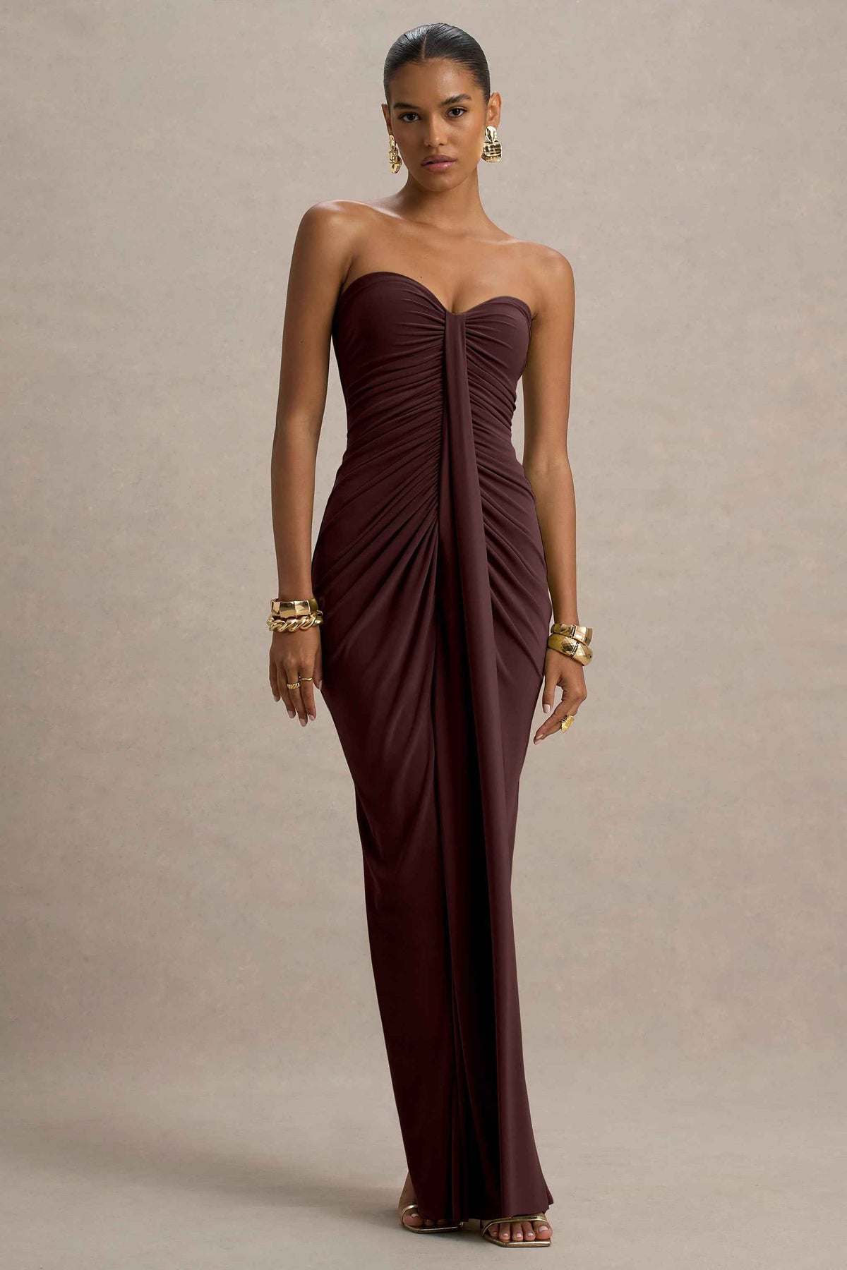 Ali Maxi Dress - Warm Brown Ruched Wrap