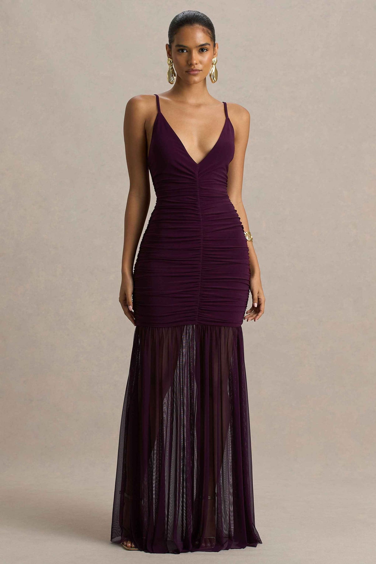 Pasqualina Maxi Dress - Plum Ruched Plunge Neck