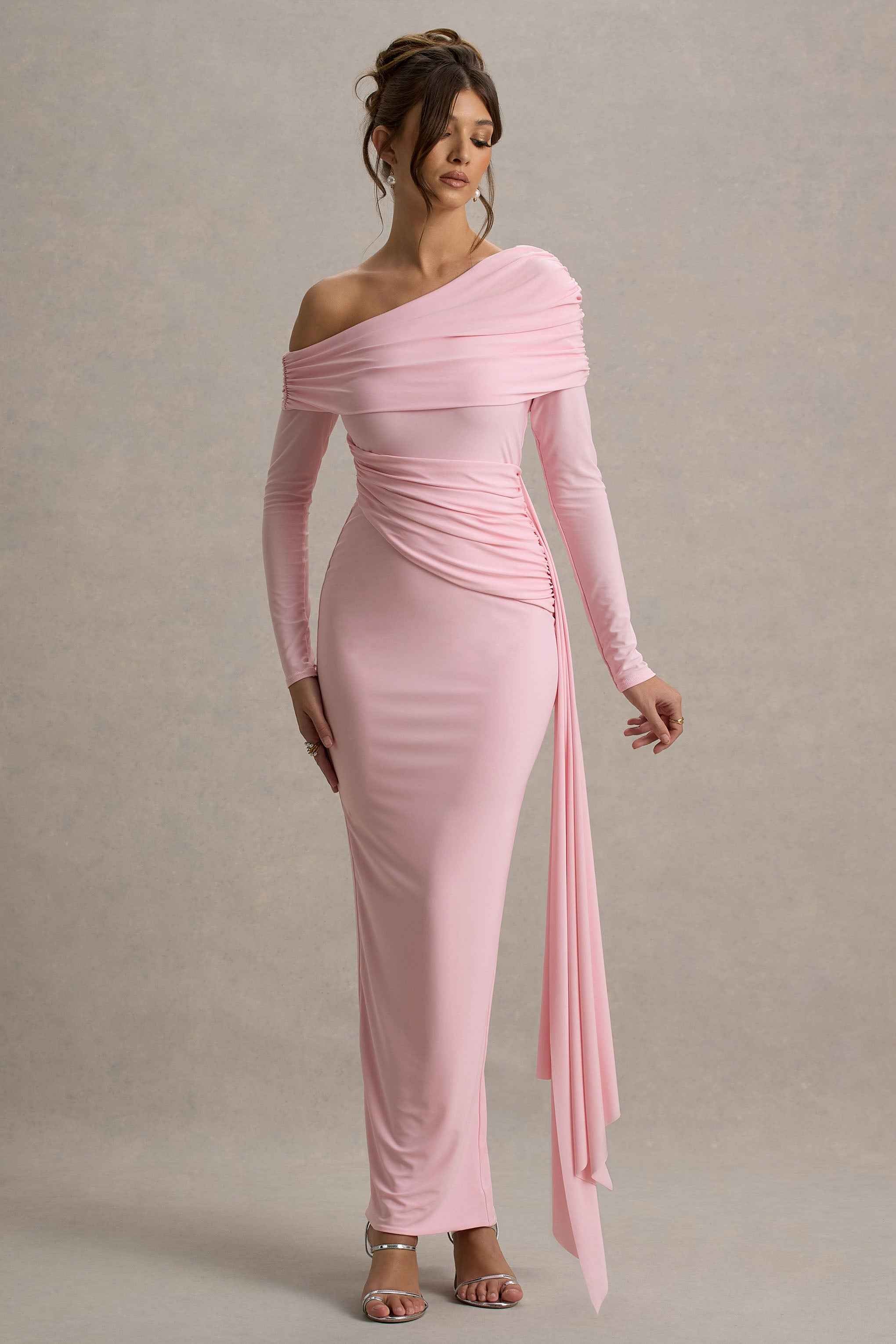 Valina Maxi Dress - Pink Ruched Asymmetric