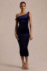 Carella Midi Dress - Navy Velvet Asymmetric