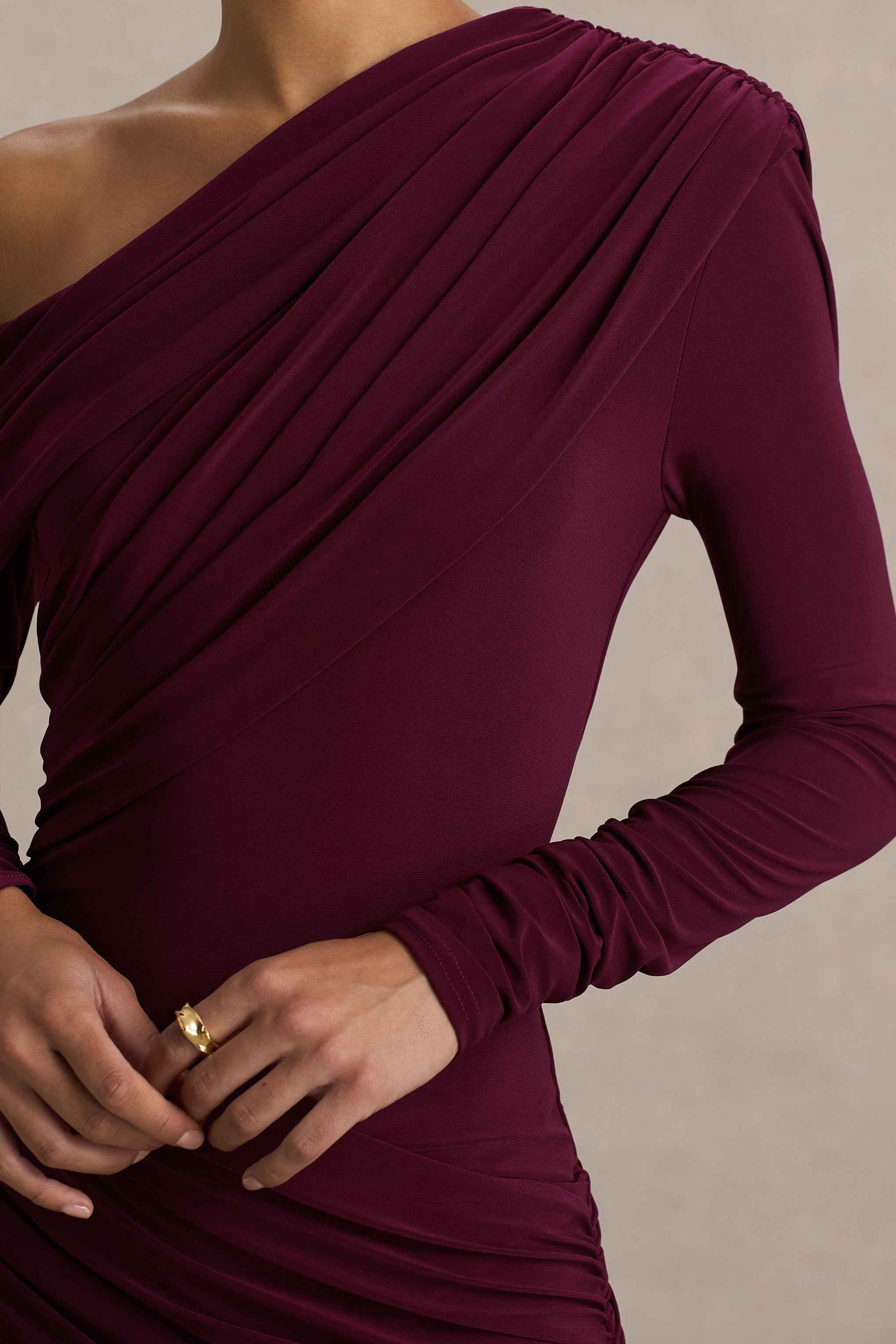 Perrie Maxi Dress - Burgundy Asymmetric Ruched