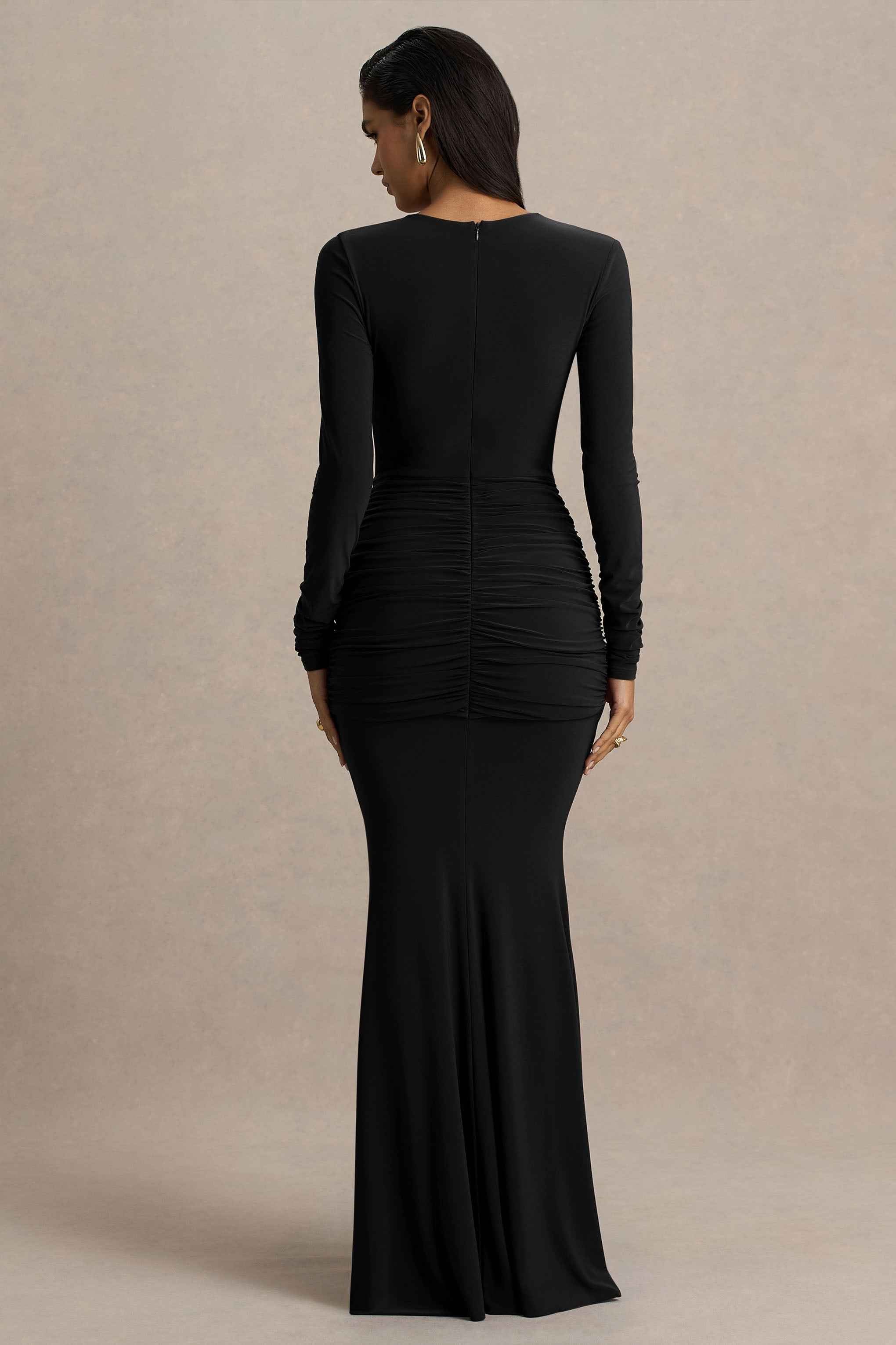 Black Extreme-Plunge Wrap Maxi Dress With Long-Sleeves And Ruched Detailing