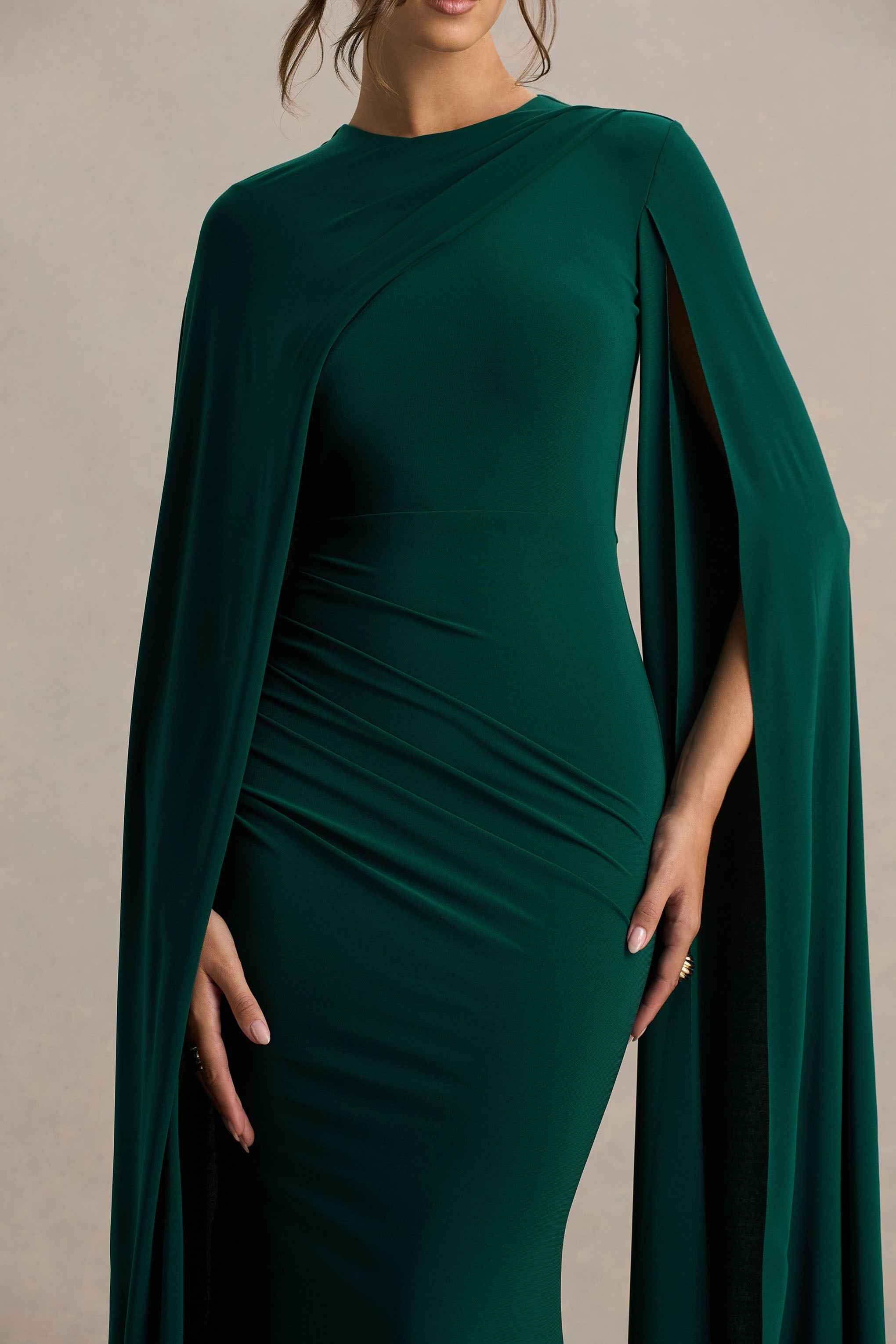 Magdelena Maxi Dress - Bottle Green Asymmetric Cape
