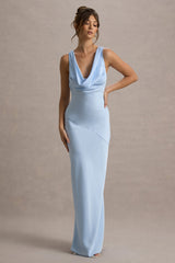 Powder Blue Satin Cowl-Neck Maxi Dress