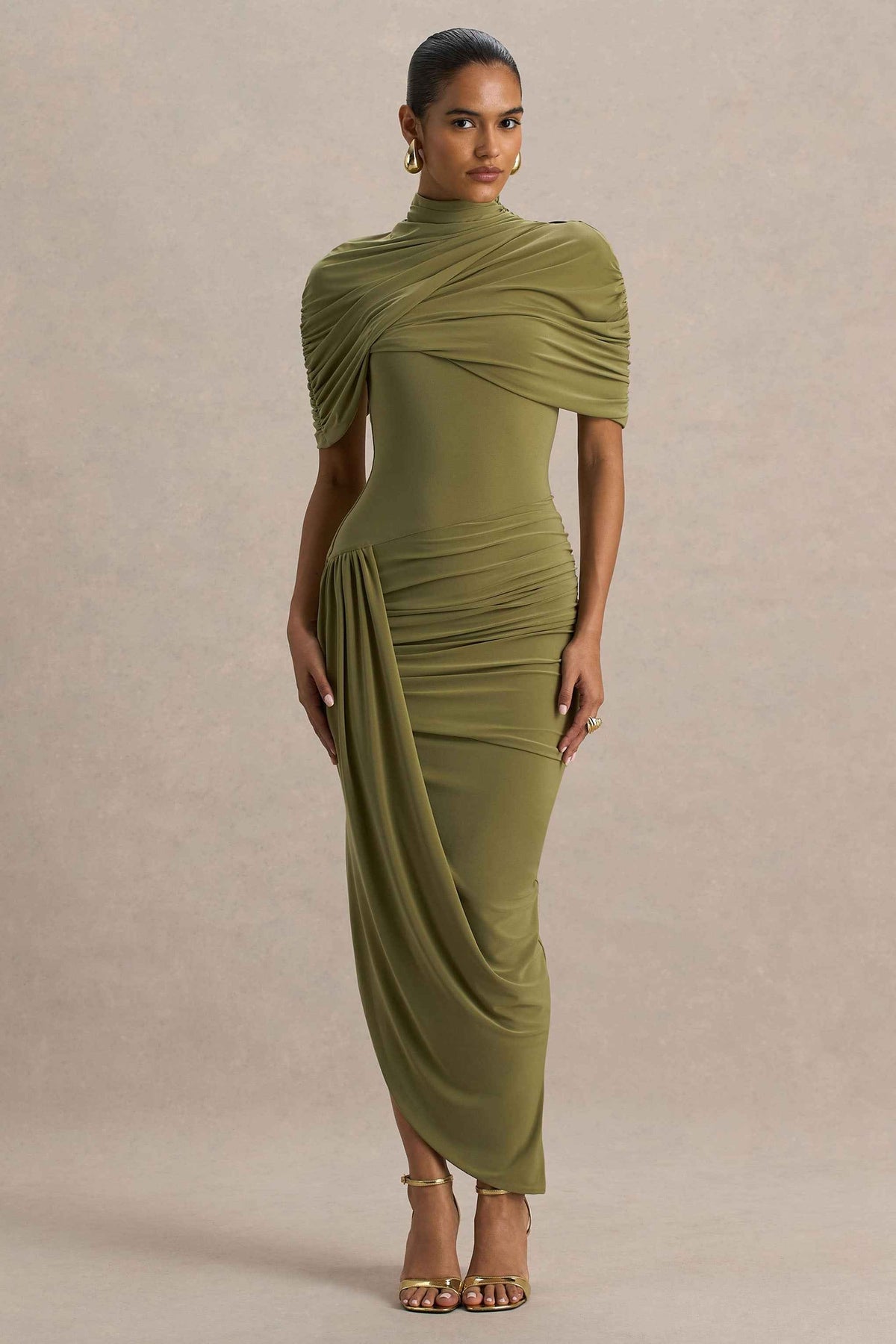 Enchant Midi Dress - Olive Asymmetric Cape