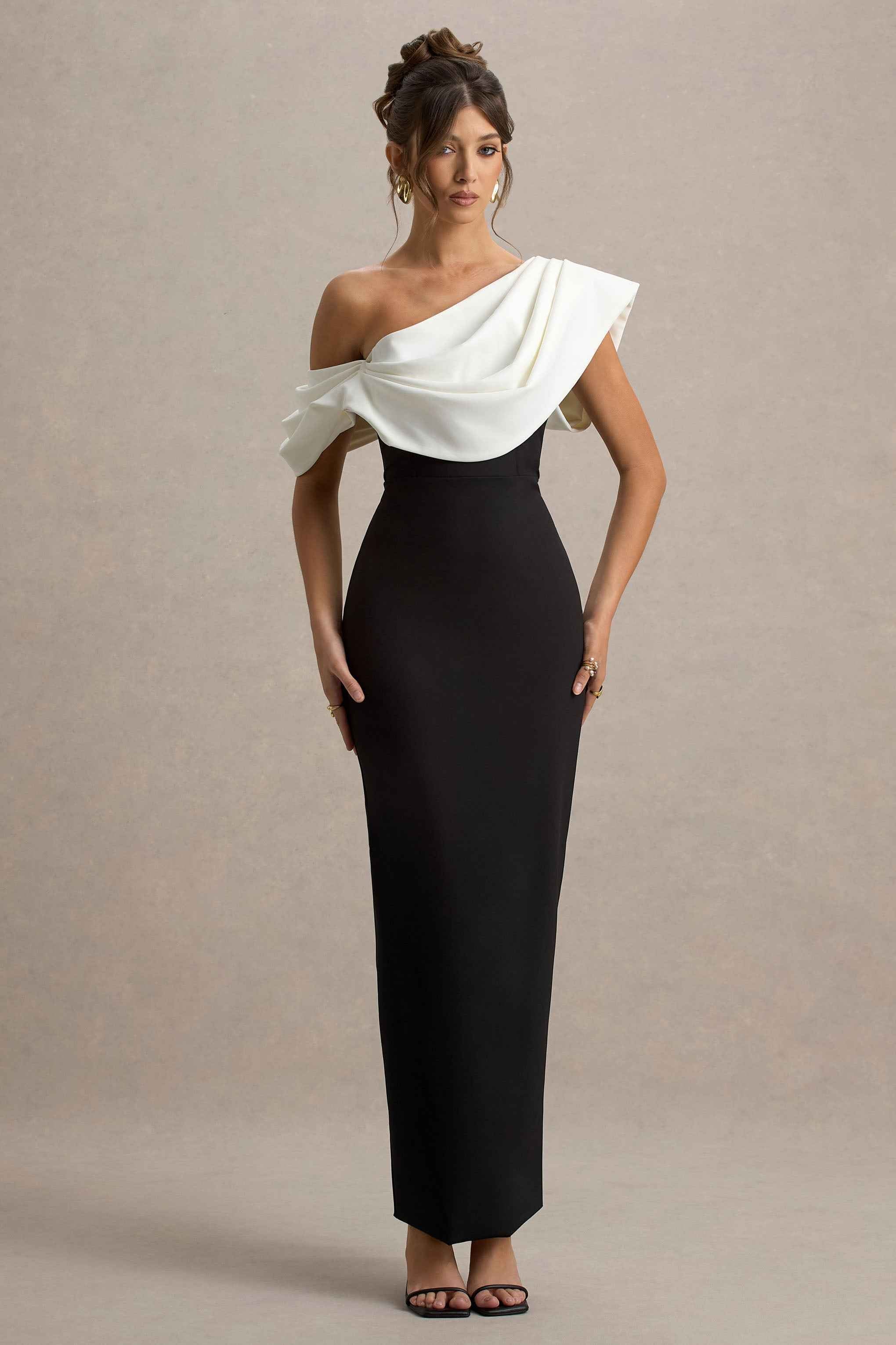 Angelina Maxi Dress - Black & White Draped Shoulder