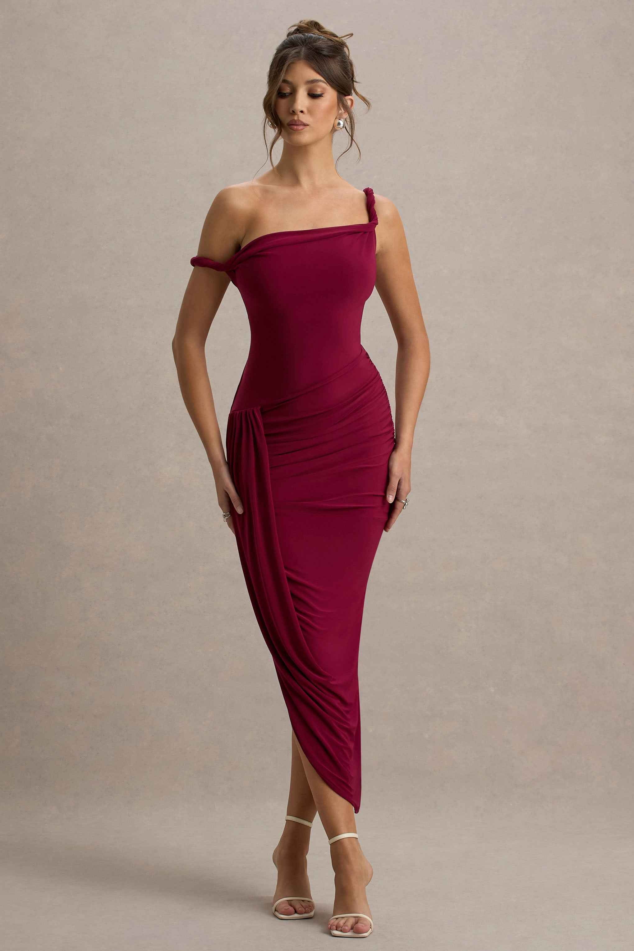 Burgundy Twisted Asymmetric Maxi Dress