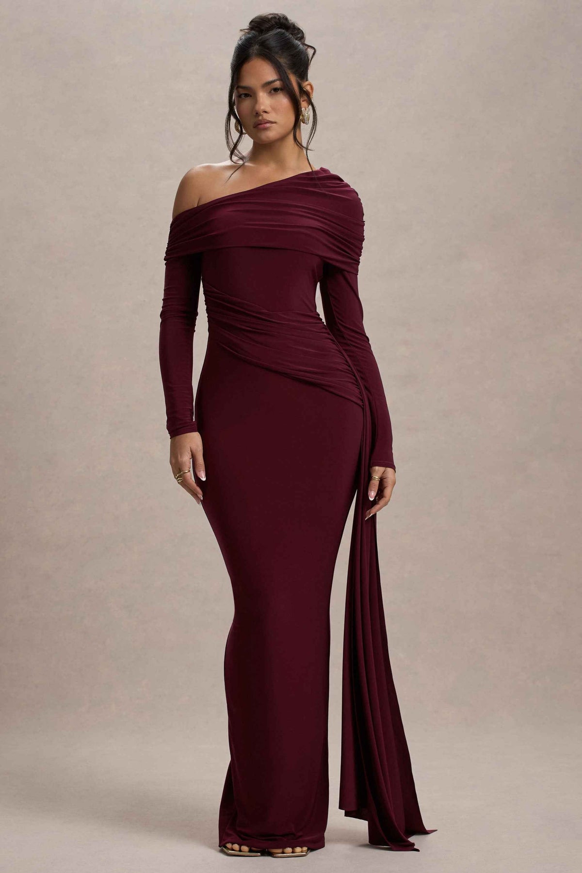 Valina Maxi Dress - Burgundy Ruched Asymmetric