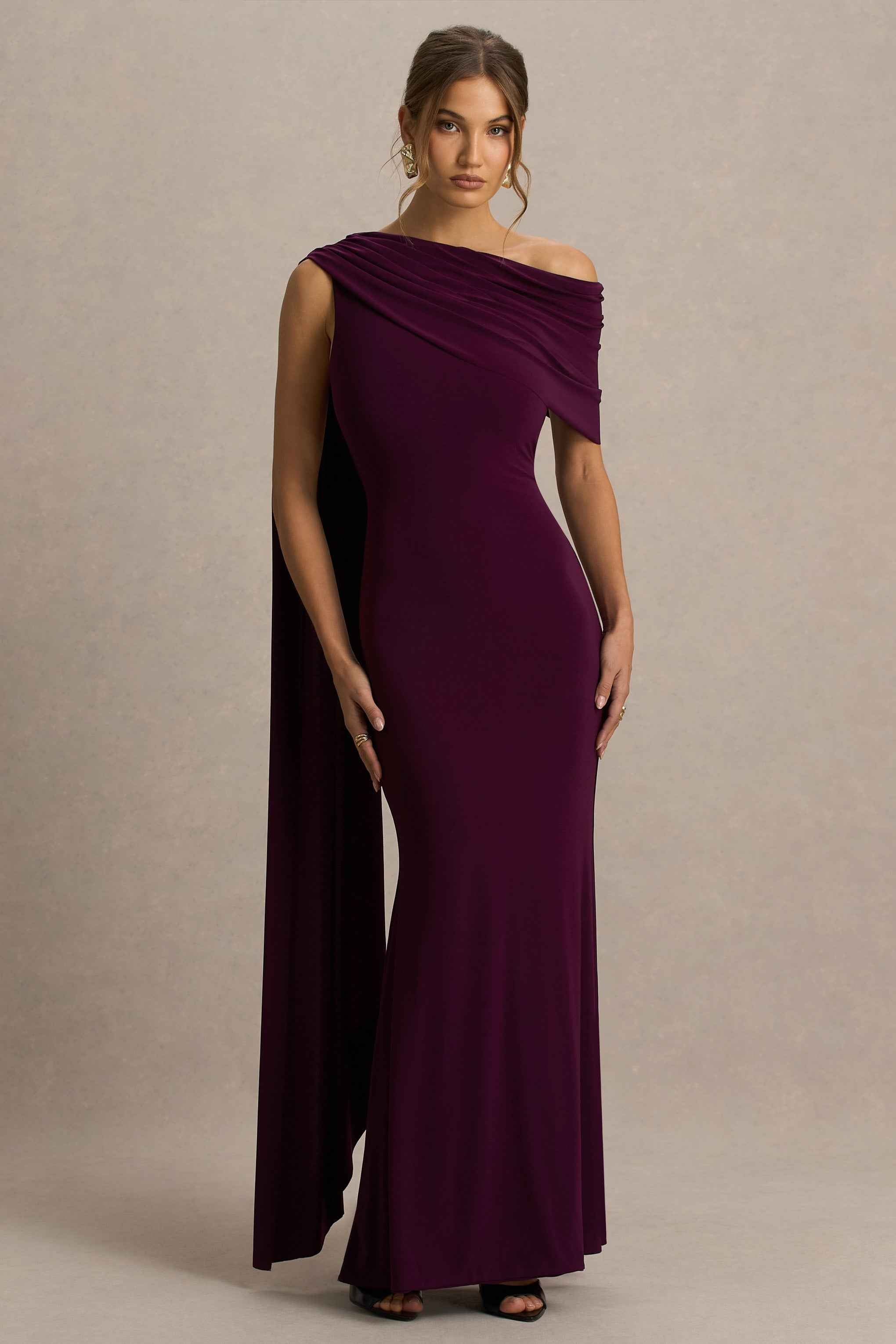 Dark Plum Asymmetric-Neck Maxi Dress With Draped Detail