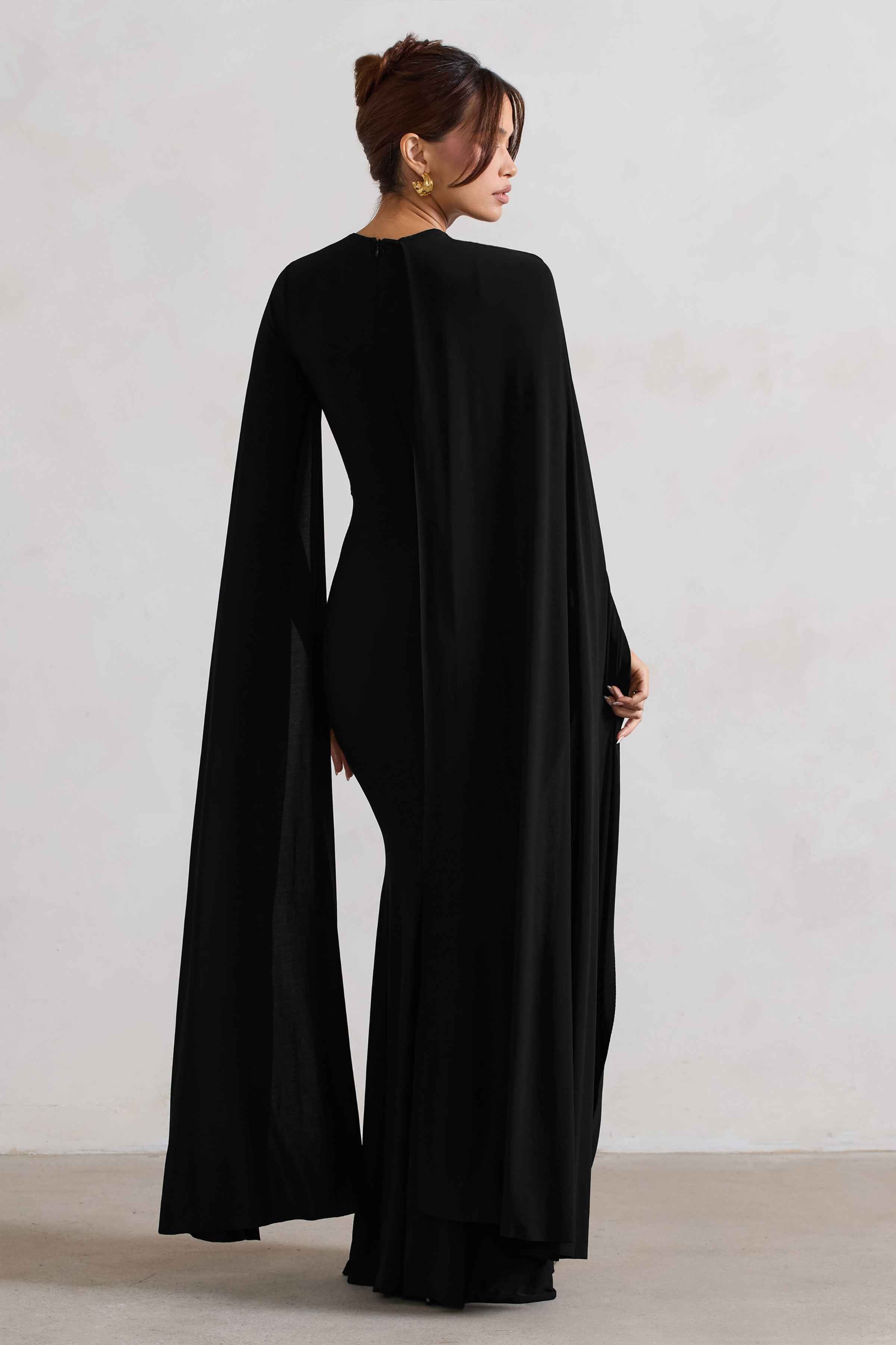 Magdelena Maxi Dress - Black Asymmetric Cape