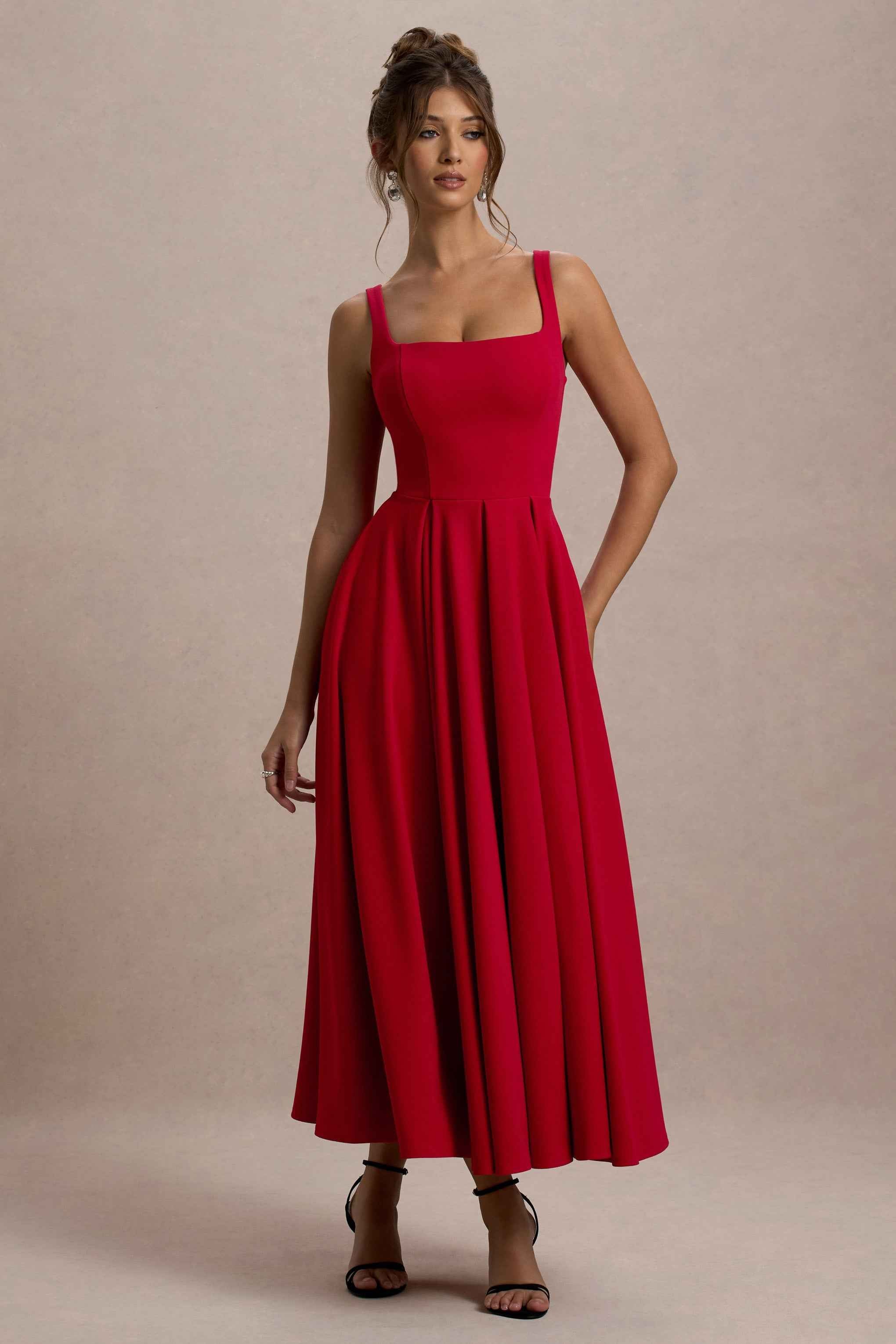 Parina Midi Dress - Red Strappy Pleated