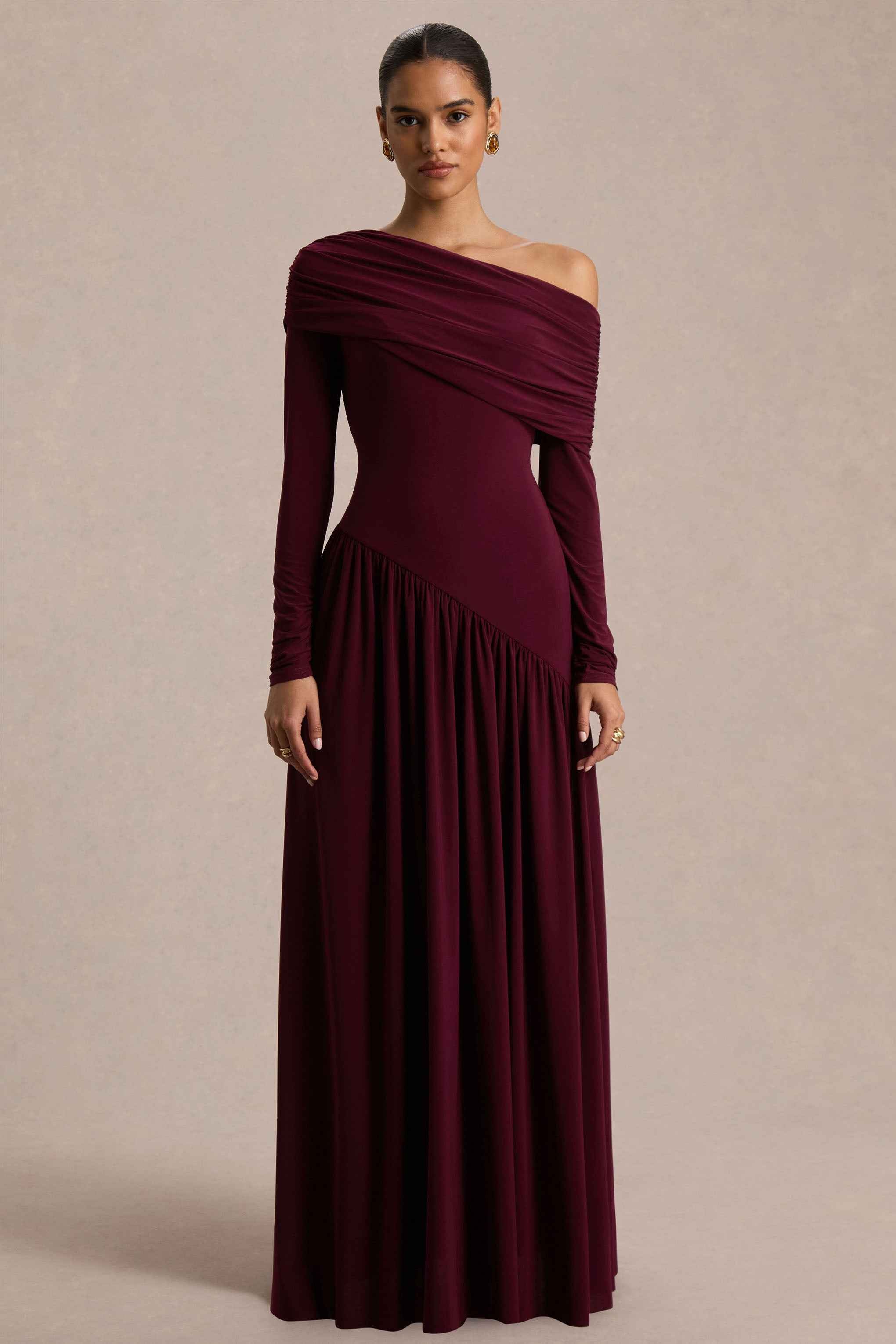 Farah Maxi Dress - Burgundy Asymmetric Neck Ruched