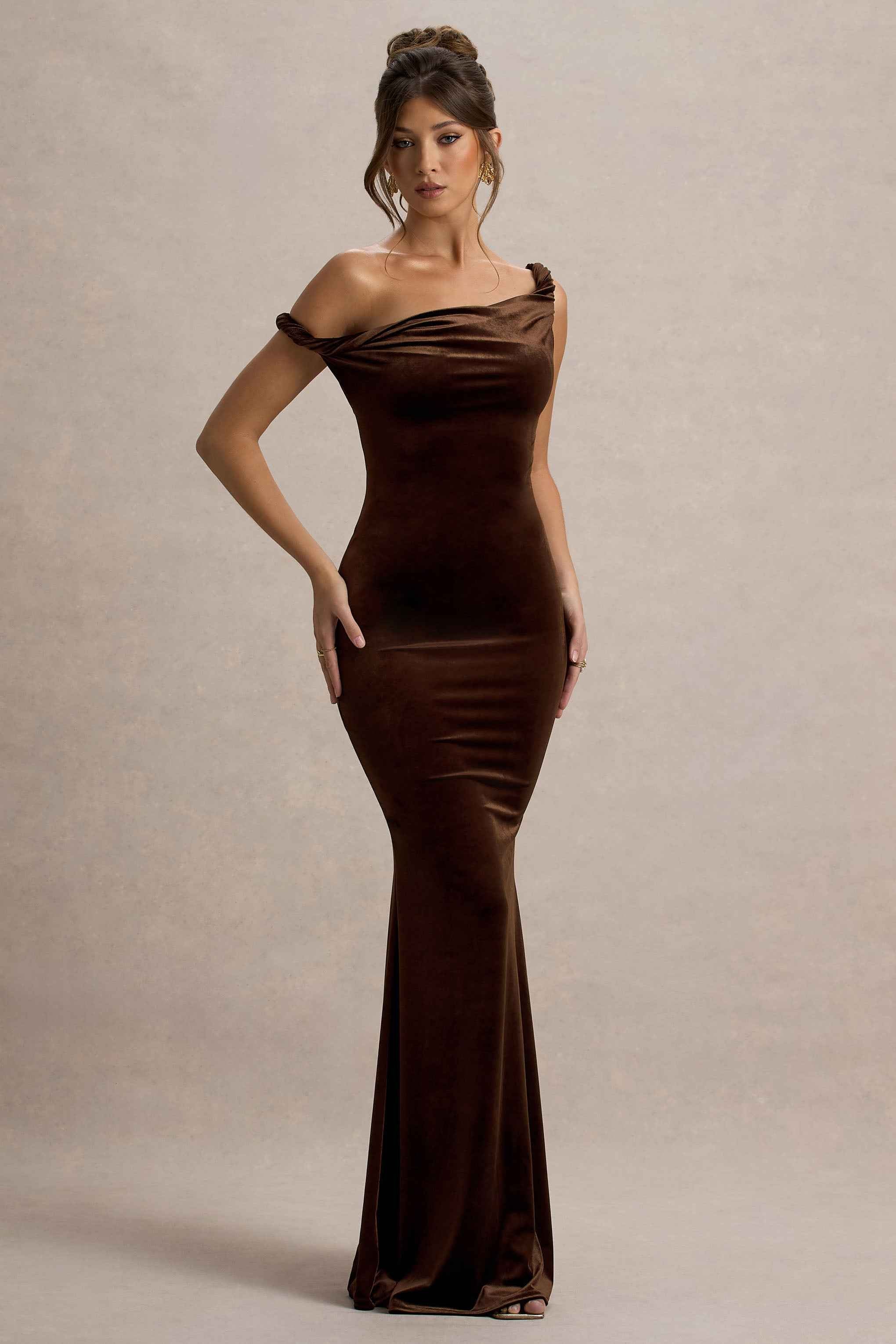 Neeka Maxi Dress - Brown Velvet Asymmetric