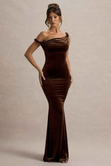 Neeka Maxi Dress - Brown Velvet Asymmetric