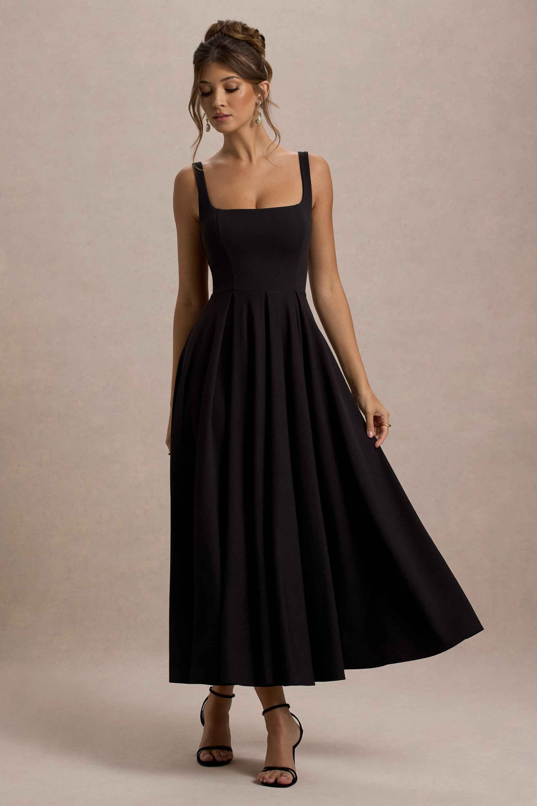 Parina Midi Dress - Black Strappy Pleated