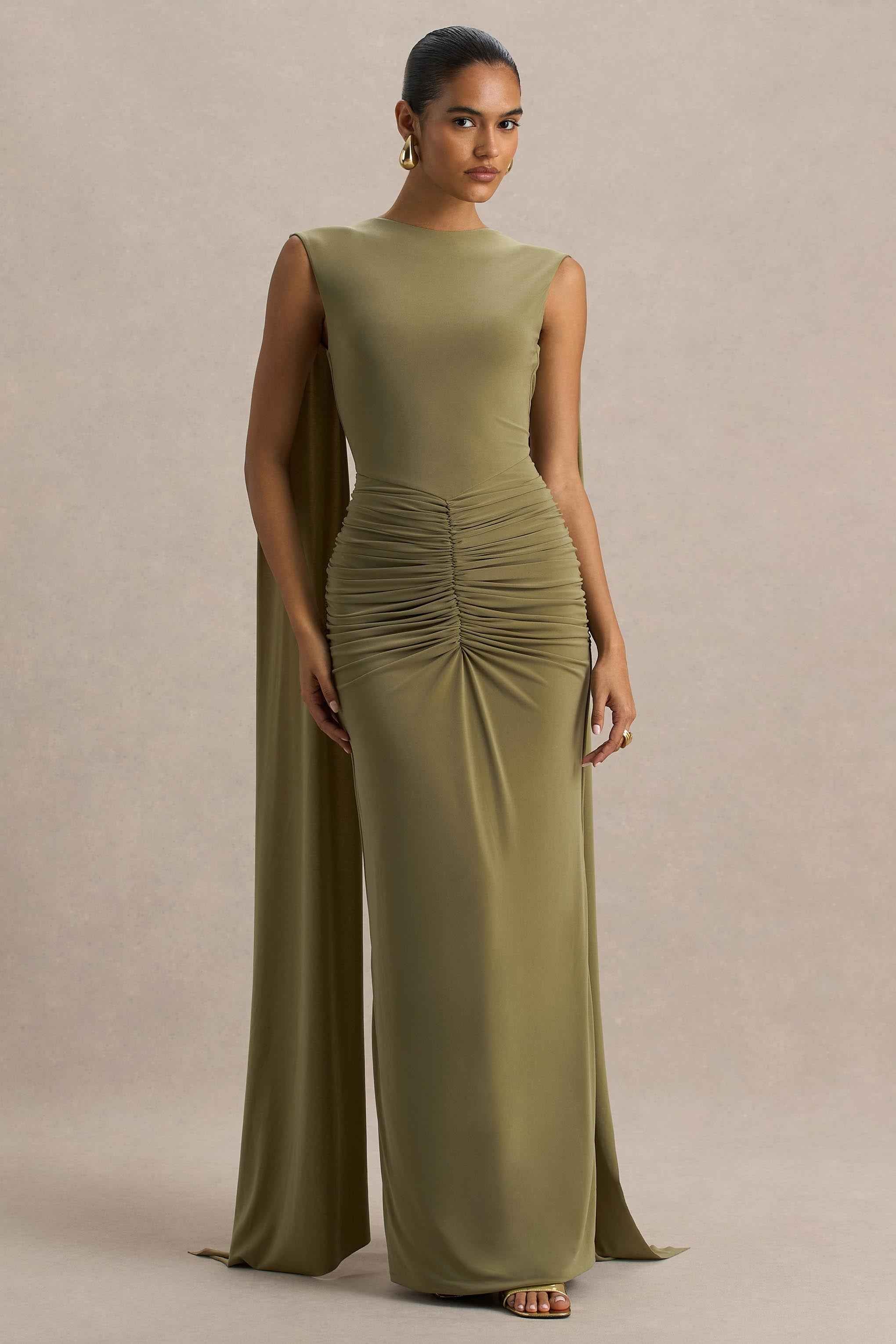 Olive Boat-Neck Maxi Dress With Cape-Sleeves And Open-Back
