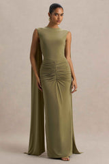 Olive Boat-Neck Maxi Dress With Cape-Sleeves And Open-Back