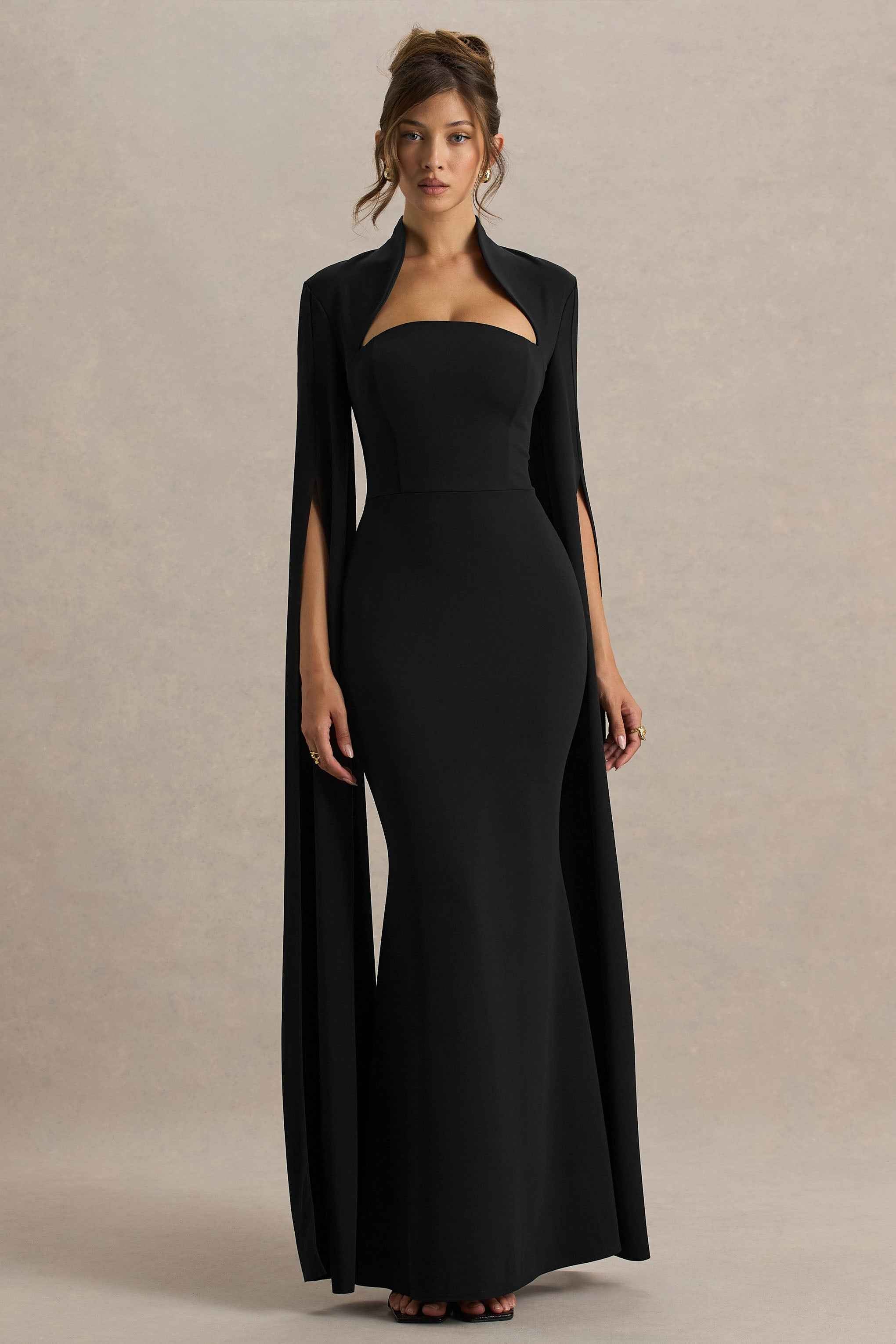 Black Square-Neck Maxi Dress With Cape Sleeves
