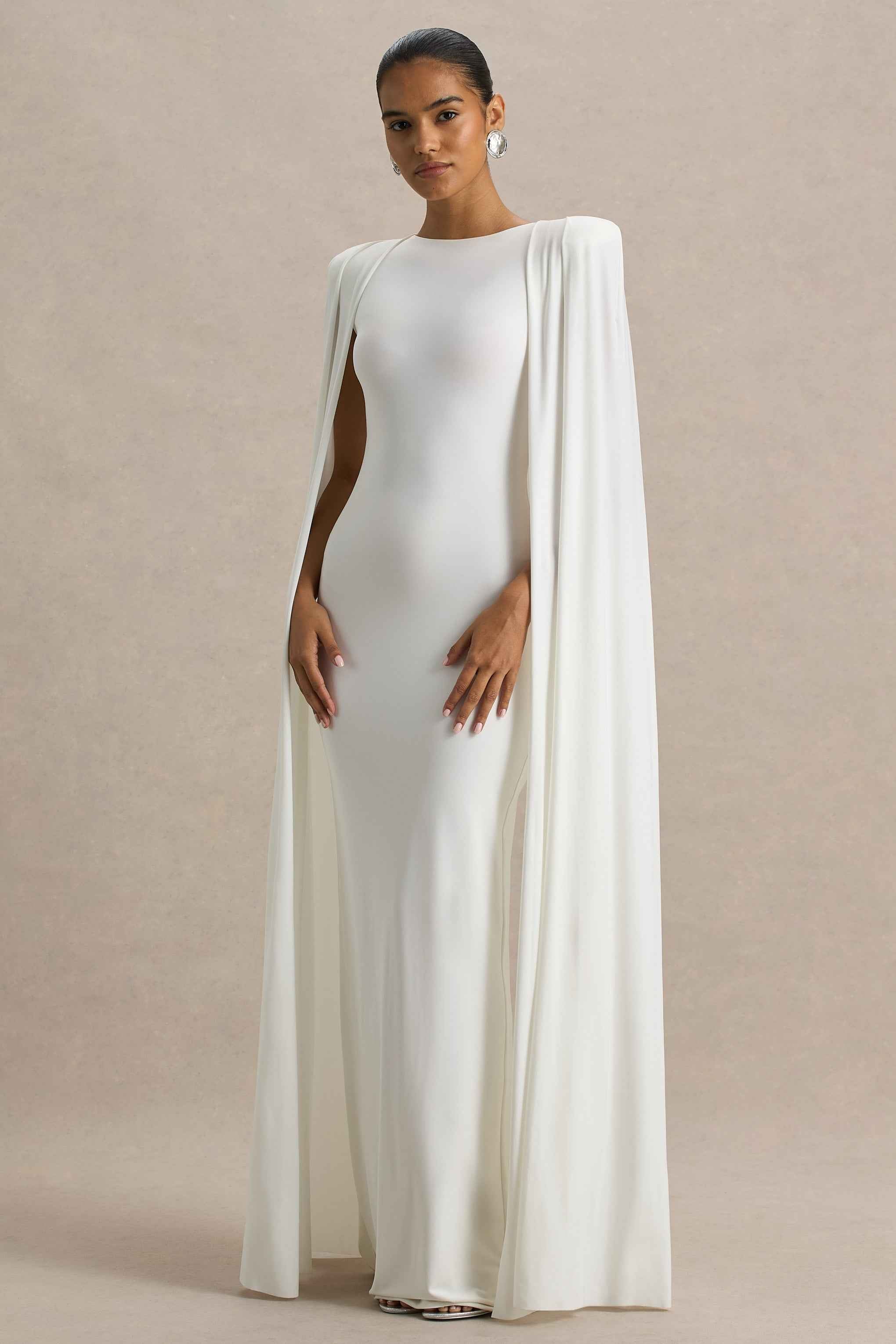White Slashed-Neck Maxi Dress With Cape Sleeve Detail