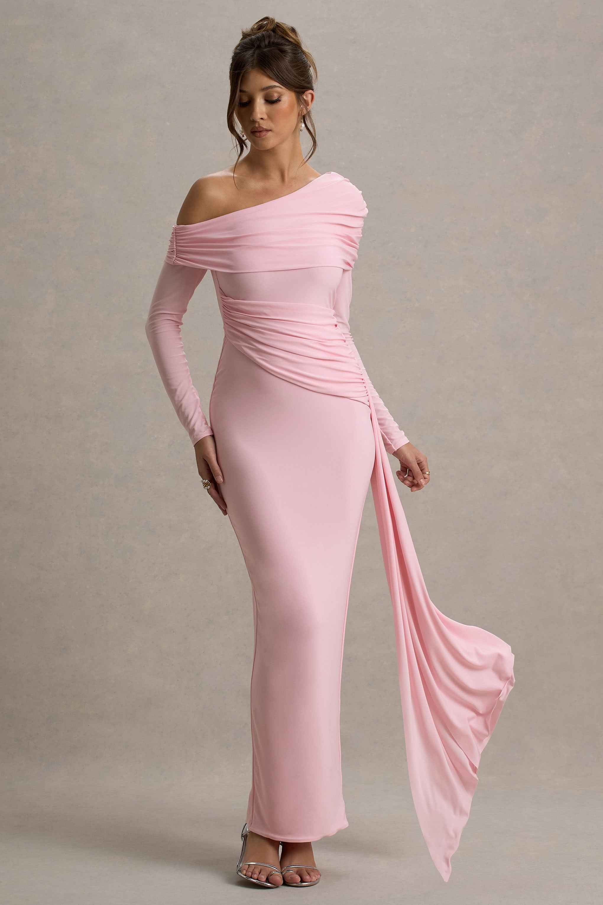 Valina Maxi Dress - Pink Ruched Asymmetric