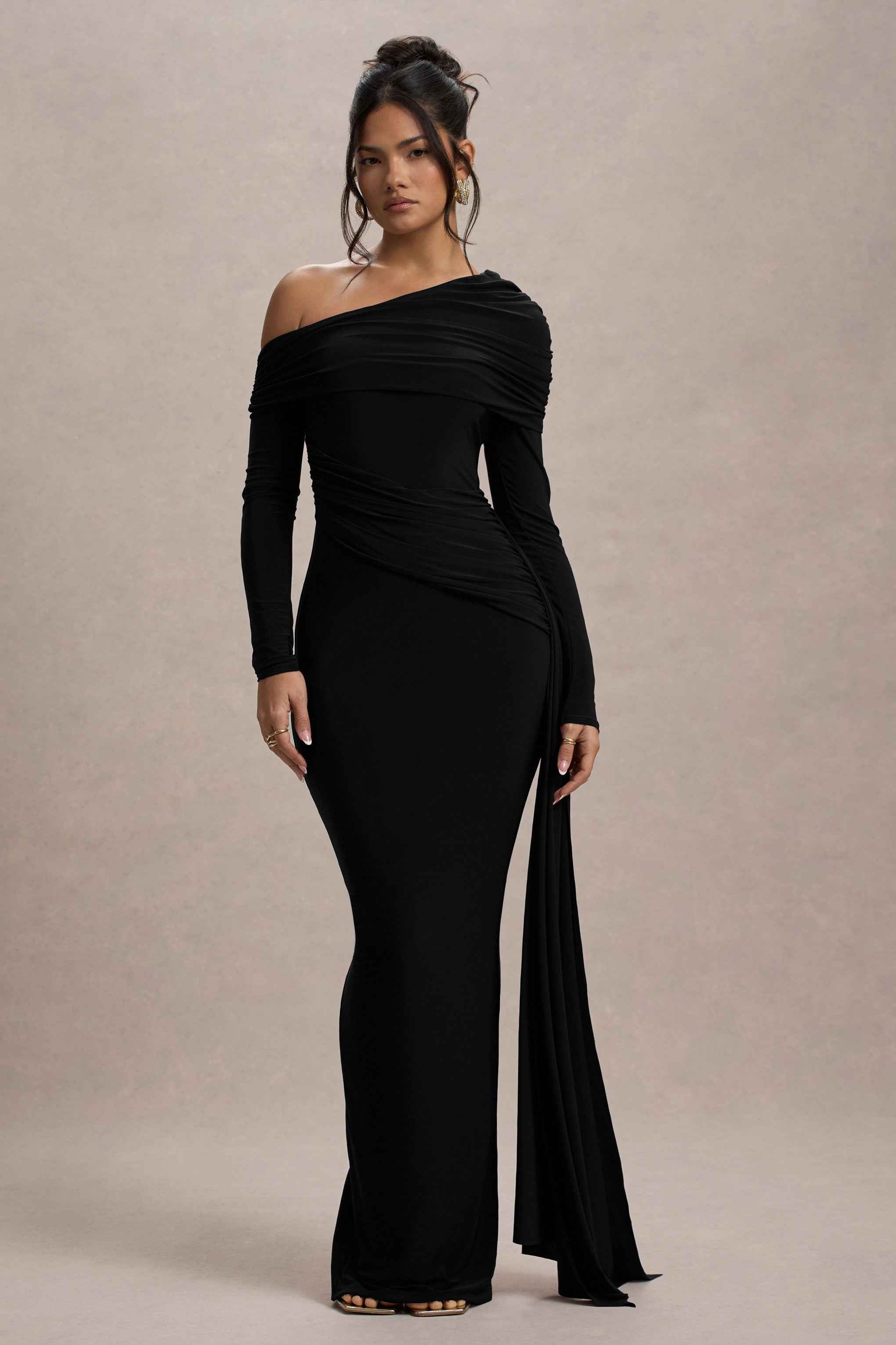 Valina Maxi Dress - Black Ruched Asymmetric