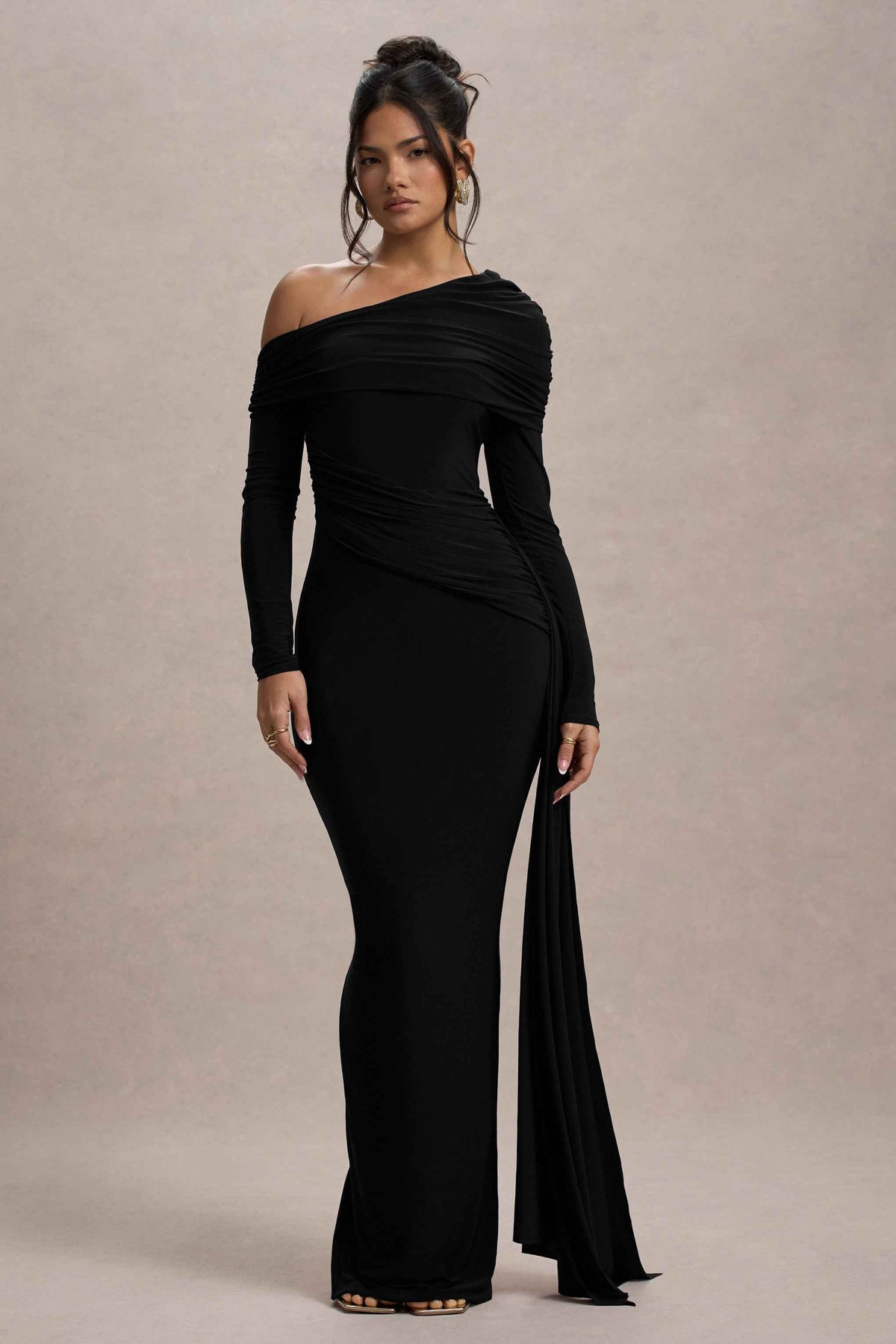 Valina Maxi Dress - Black Ruched Asymmetric
