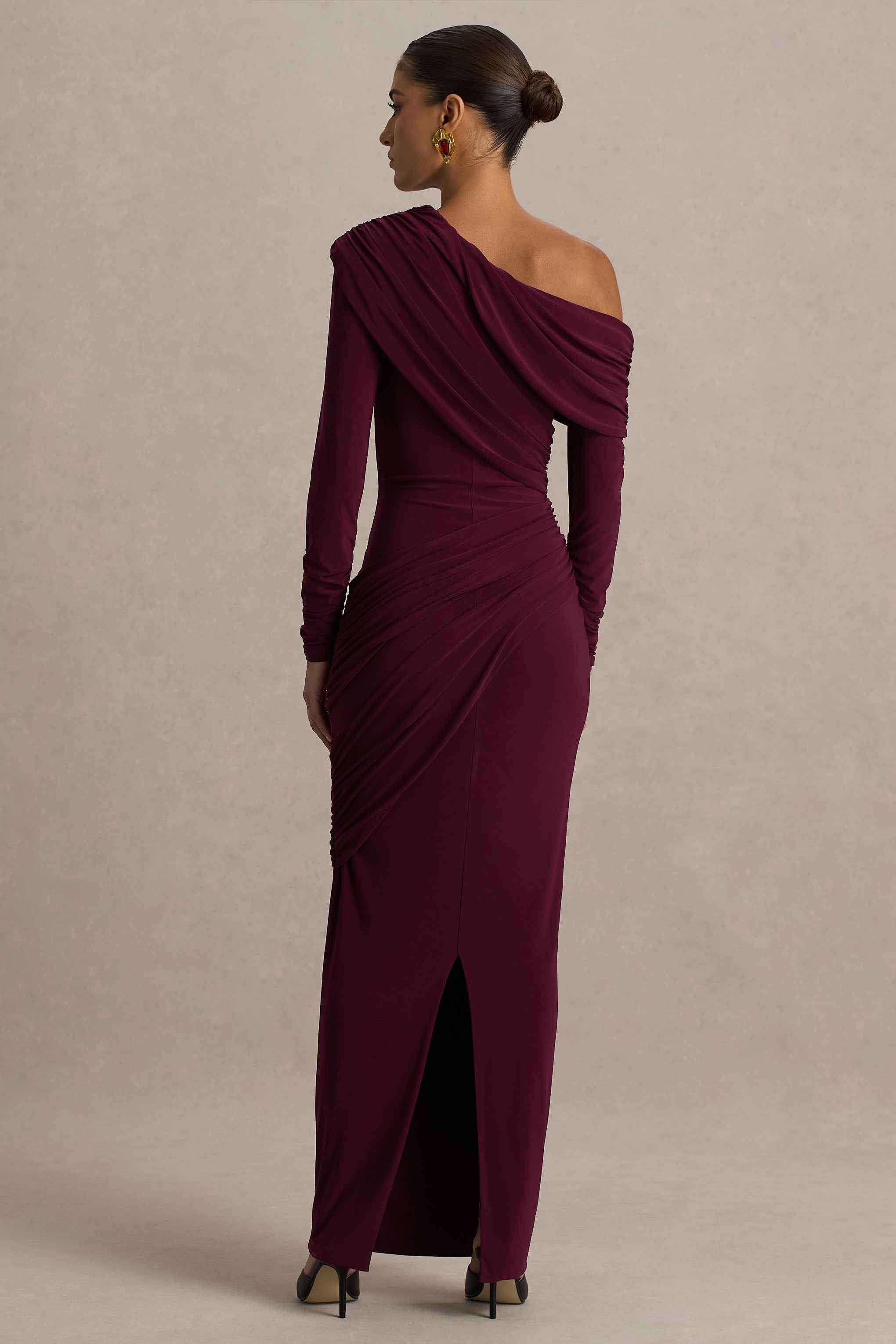 Perrie Maxi Dress - Burgundy Asymmetric Ruched