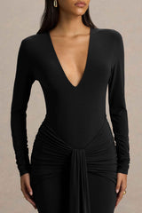 Black Extreme-Plunge Wrap Maxi Dress With Long-Sleeves And Ruched Detailing