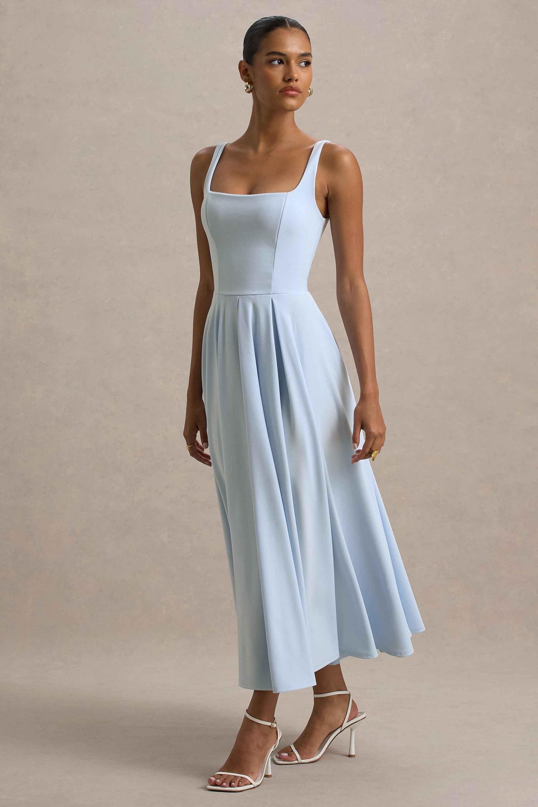 Parina Midi Dress - Powder Blue Pleated Strappy