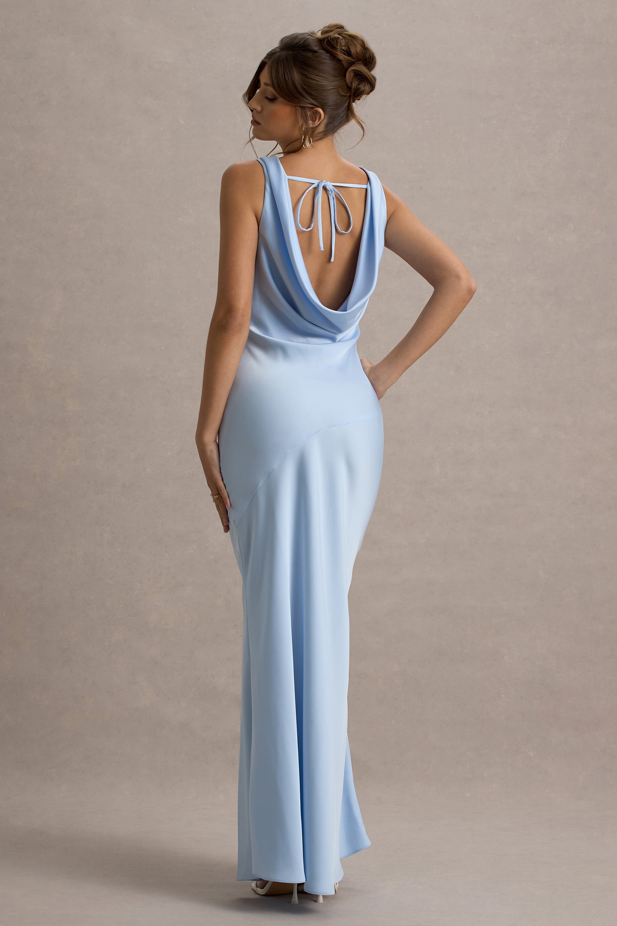 Powder Blue Satin Cowl-Neck Maxi Dress