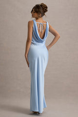 Powder Blue Satin Cowl-Neck Maxi Dress