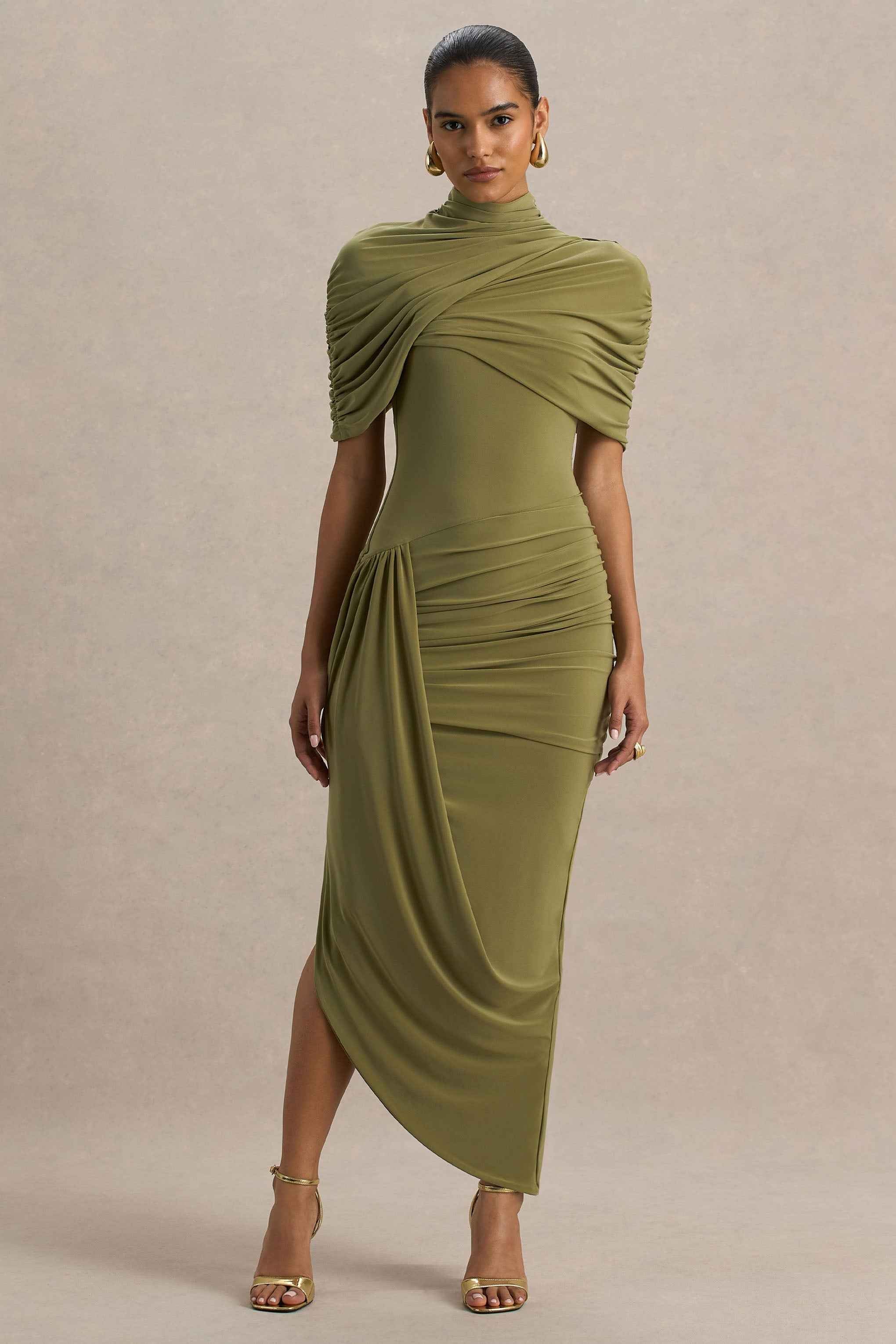Enchant Midi Dress - Olive Asymmetric Cape