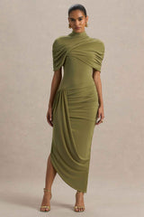 Enchant Midi Dress - Olive Asymmetric Cape