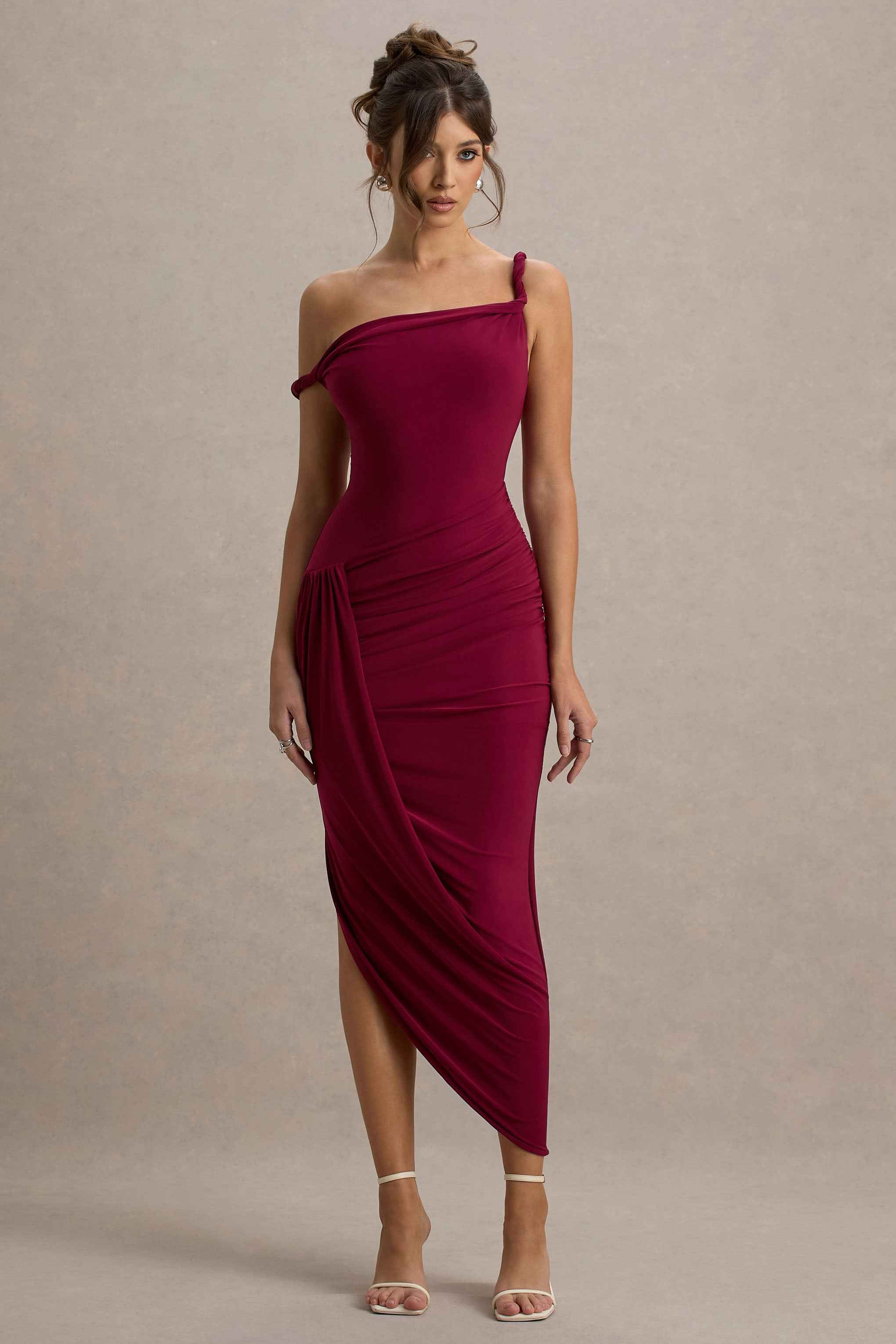 Burgundy Twisted Asymmetric Maxi Dress