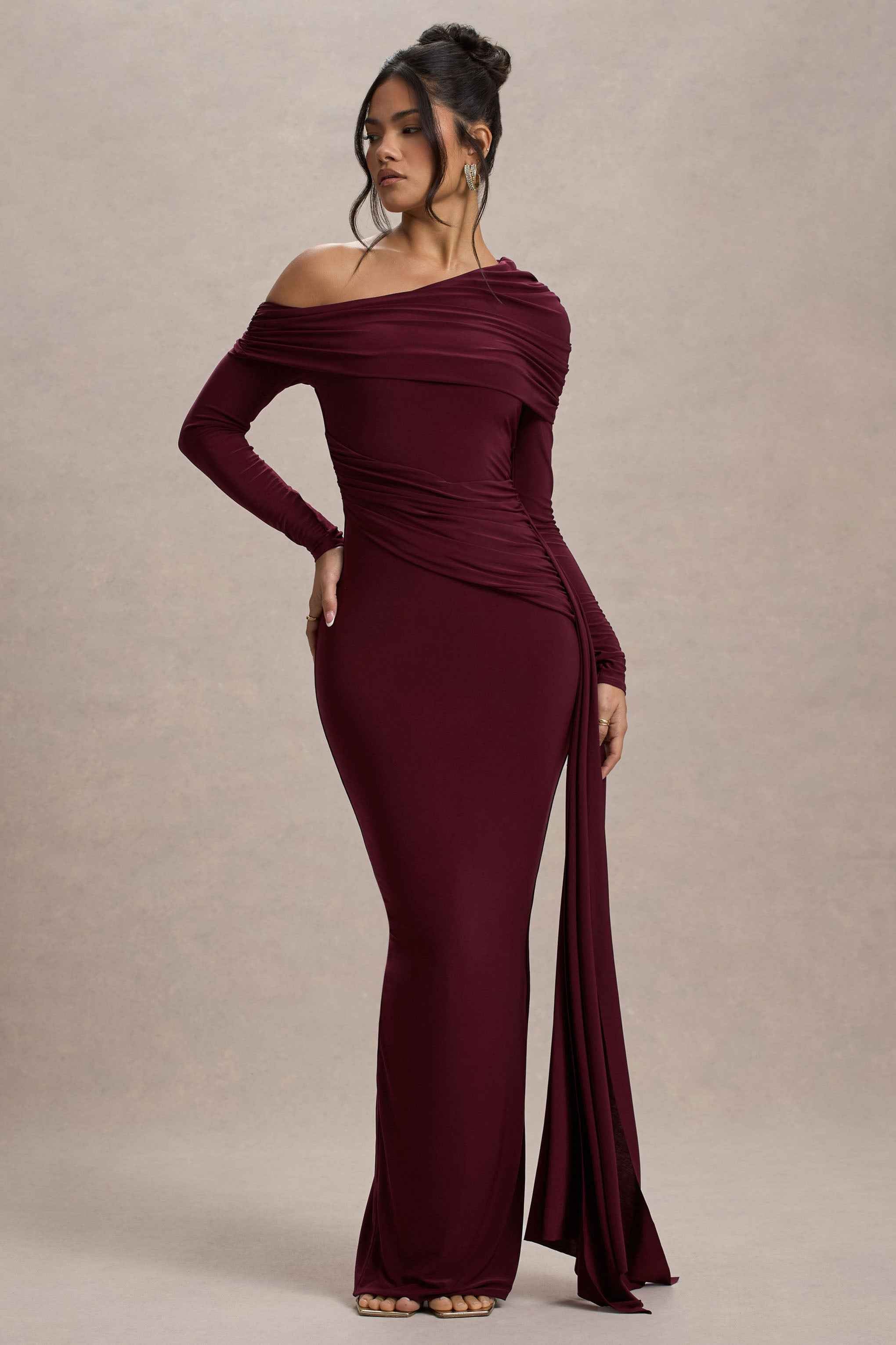 Valina Maxi Dress - Burgundy Ruched Asymmetric
