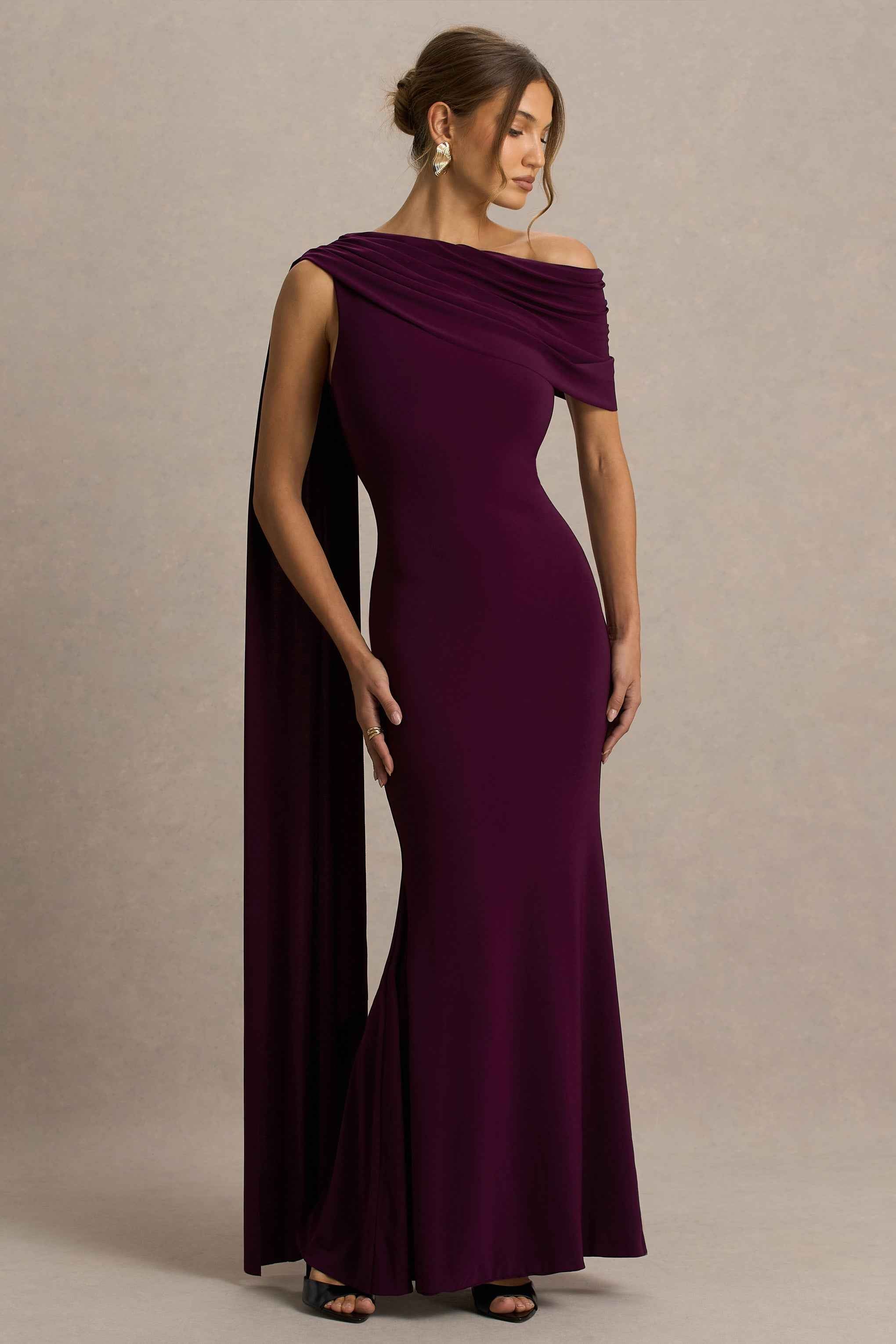 Dark Plum Asymmetric-Neck Maxi Dress With Draped Detail