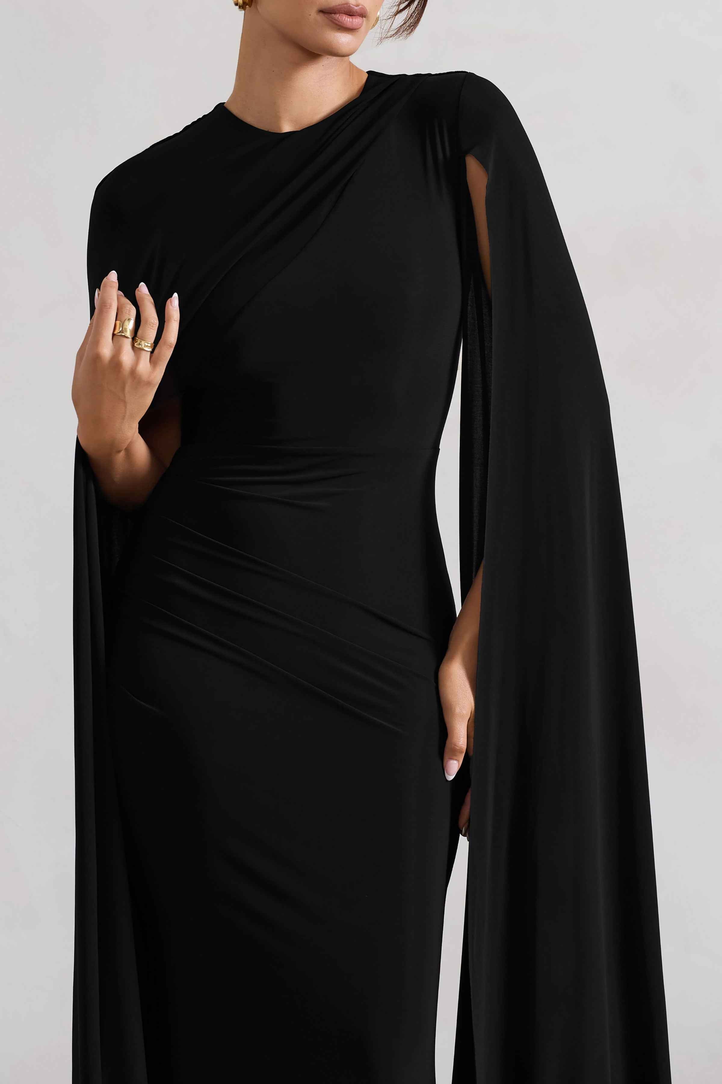 Magdelena Maxi Dress - Black Asymmetric Cape