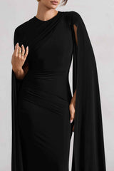 Magdelena Maxi Dress - Black Asymmetric Cape
