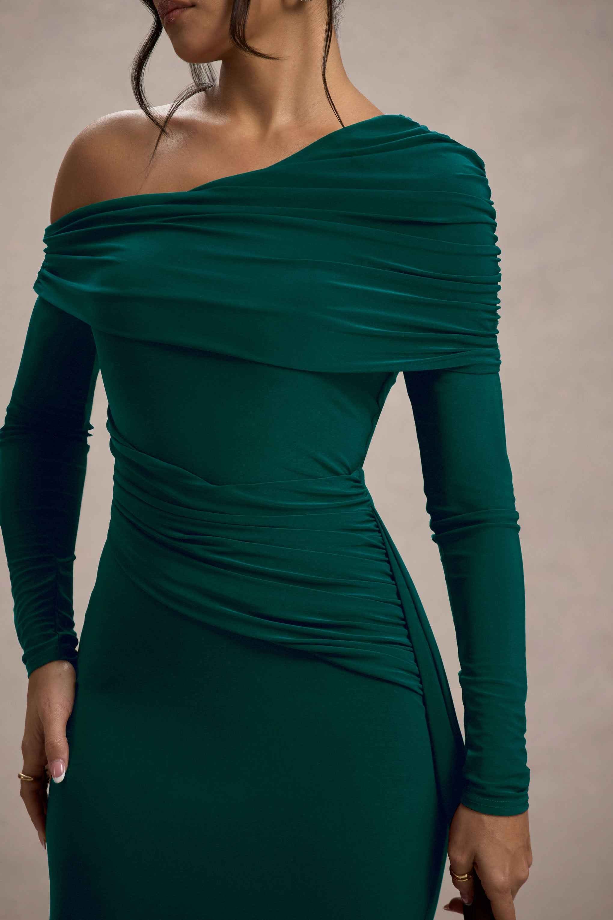 Valina Maxi Dress - Green Ruched Asymmetric