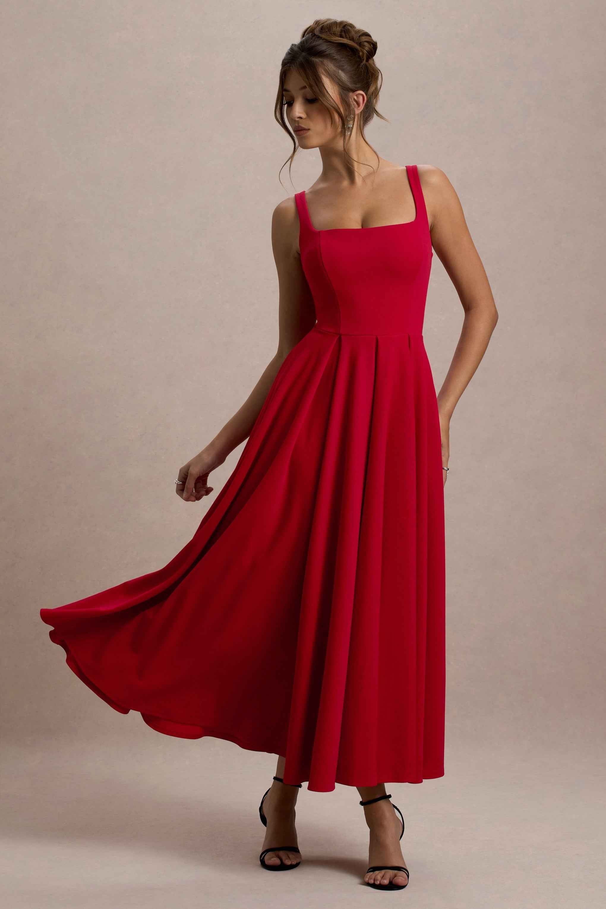 Parina Midi Dress - Red Strappy Pleated
