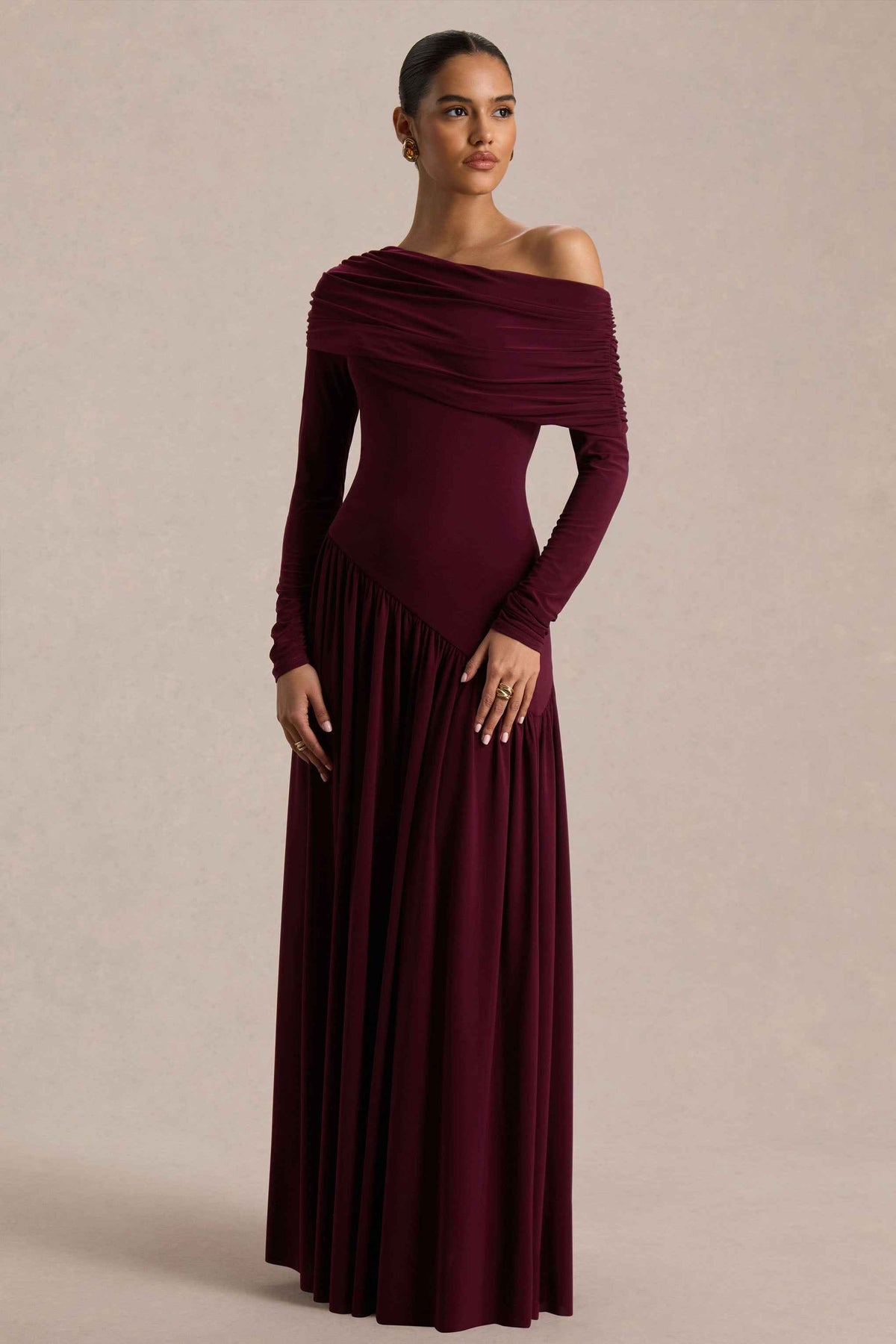 Farah Maxi Dress - Burgundy Asymmetric Neck Ruched