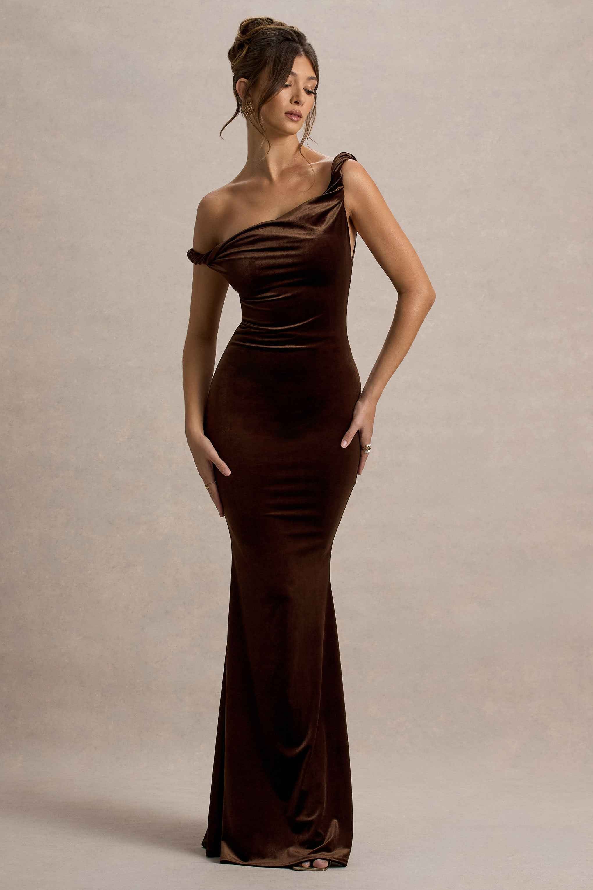Neeka Maxi Dress - Brown Velvet Asymmetric
