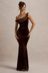 Neeka Maxi Dress - Brown Velvet Asymmetric