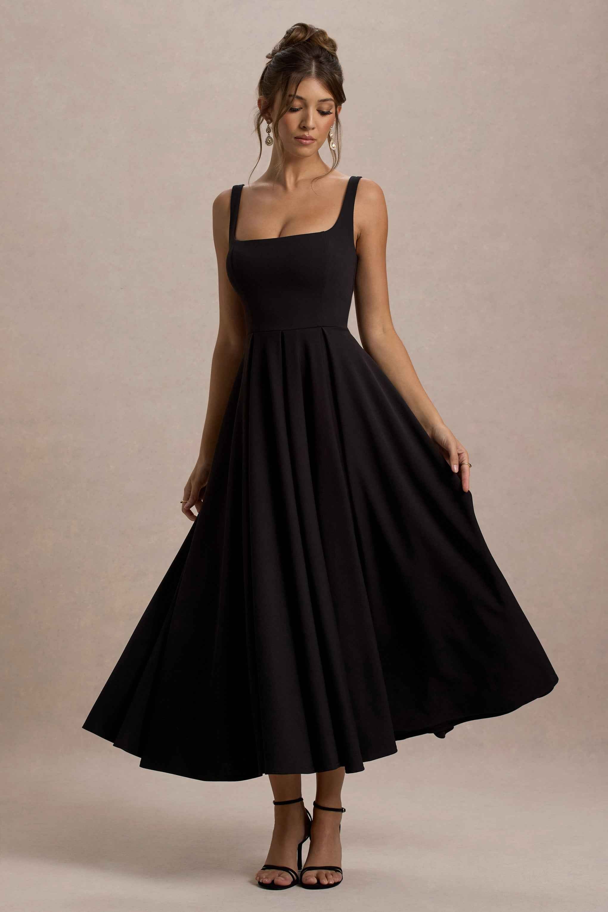 Parina Midi Dress - Black Strappy Pleated