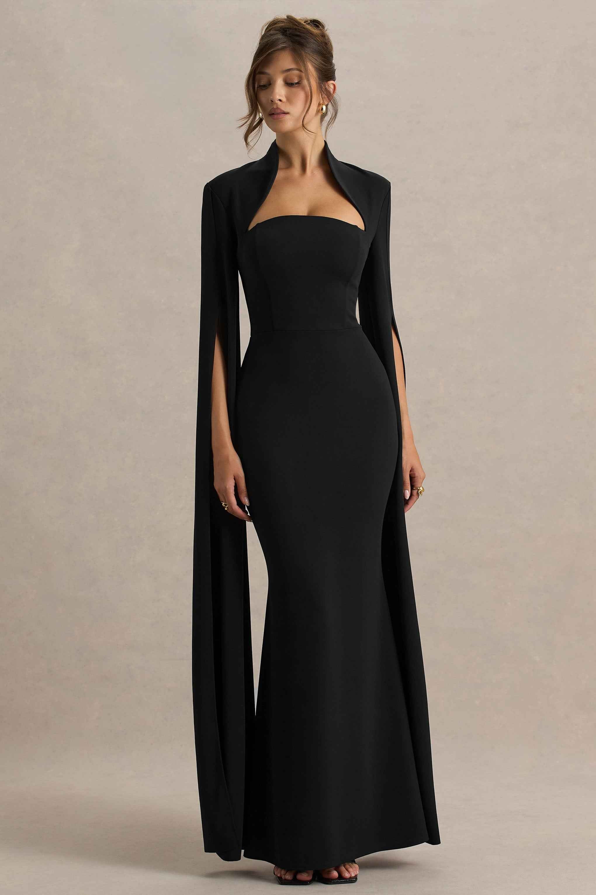 Black Square-Neck Maxi Dress With Cape Sleeves