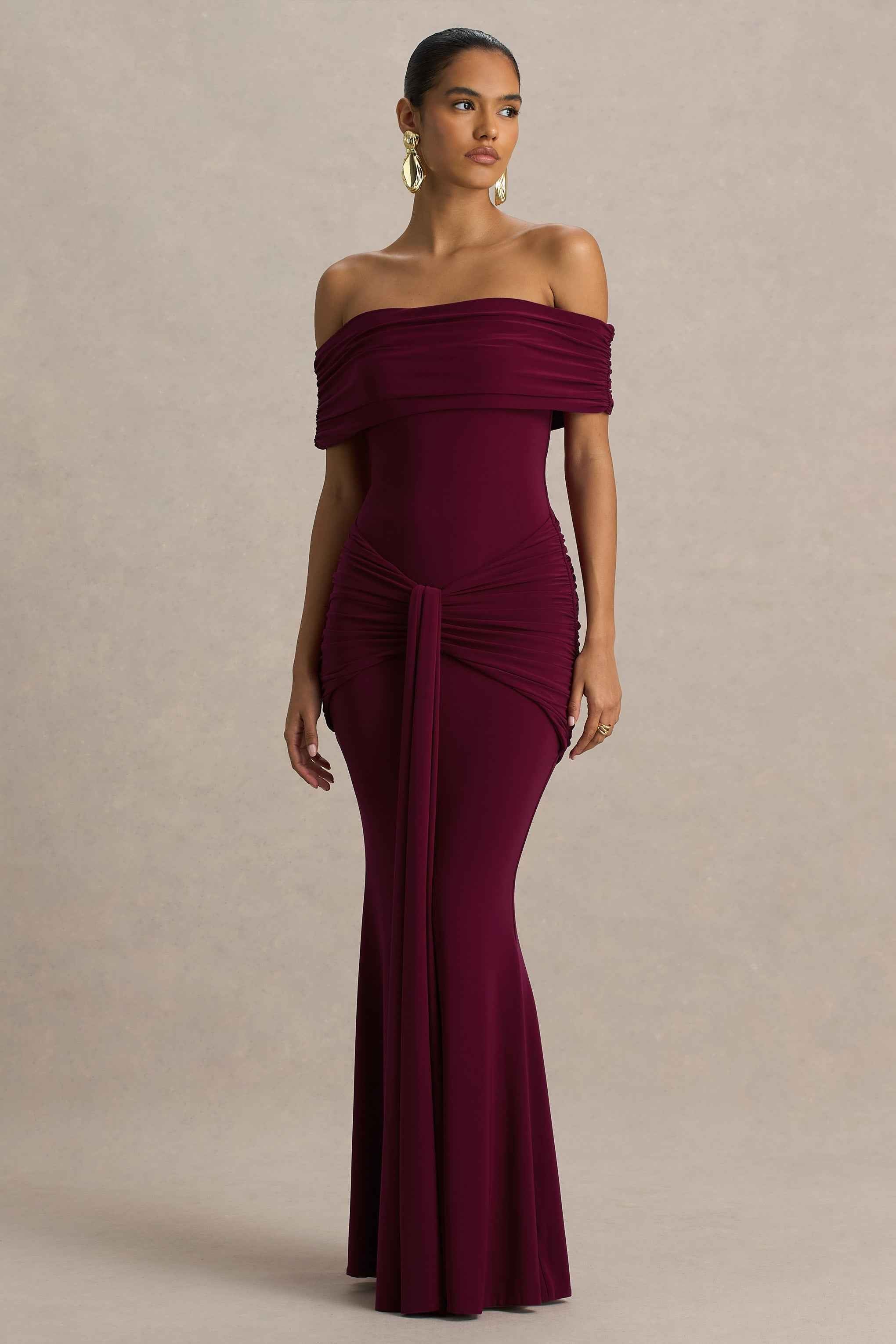 Envisioned Maxi Dress - Burgundy Bardot Neck Gathered