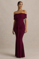 Envisioned Maxi Dress - Burgundy Bardot Neck Gathered