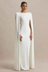 White Slashed-Neck Maxi Dress With Cape Sleeve Detail