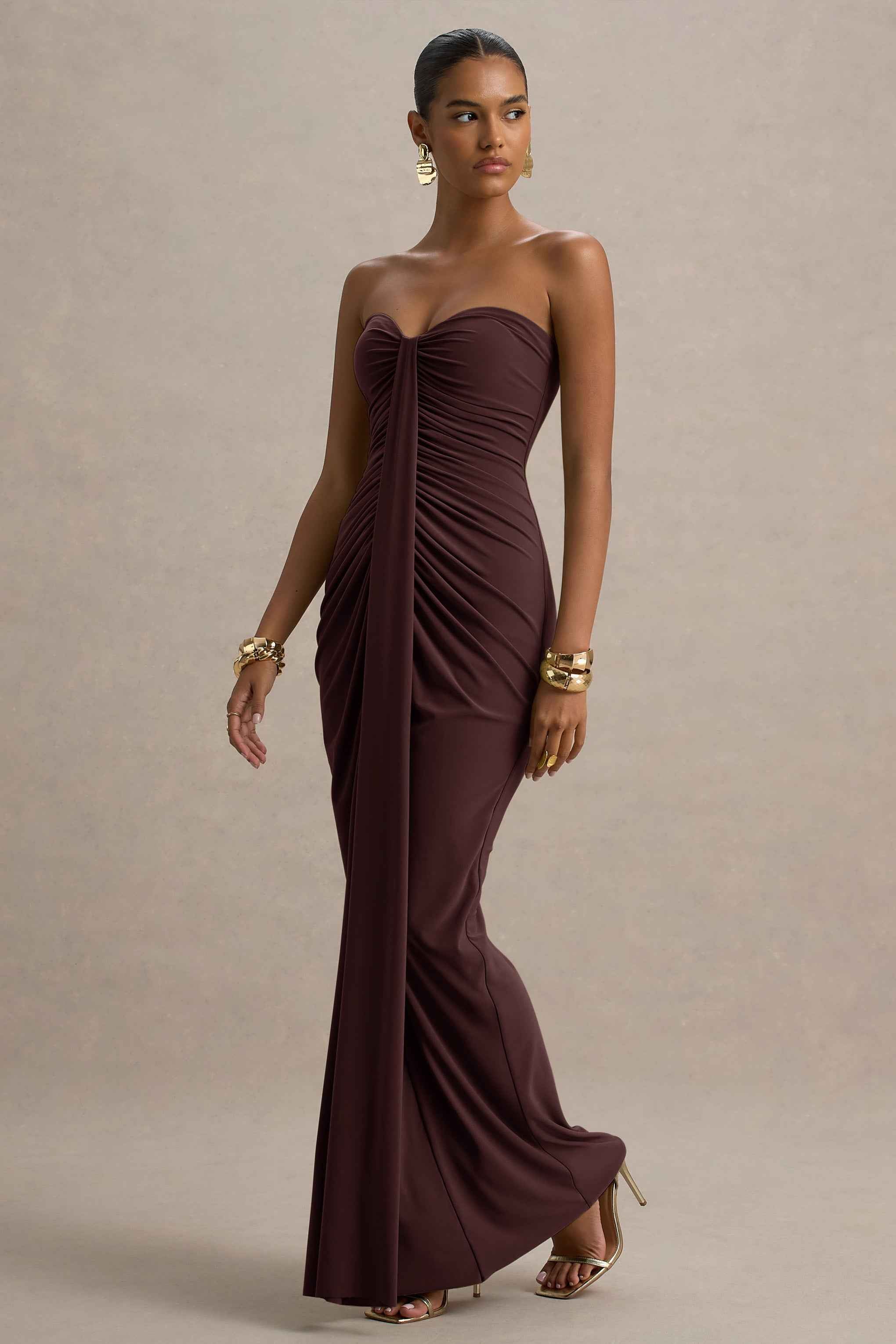 Ali Maxi Dress - Warm Brown Ruched Wrap
