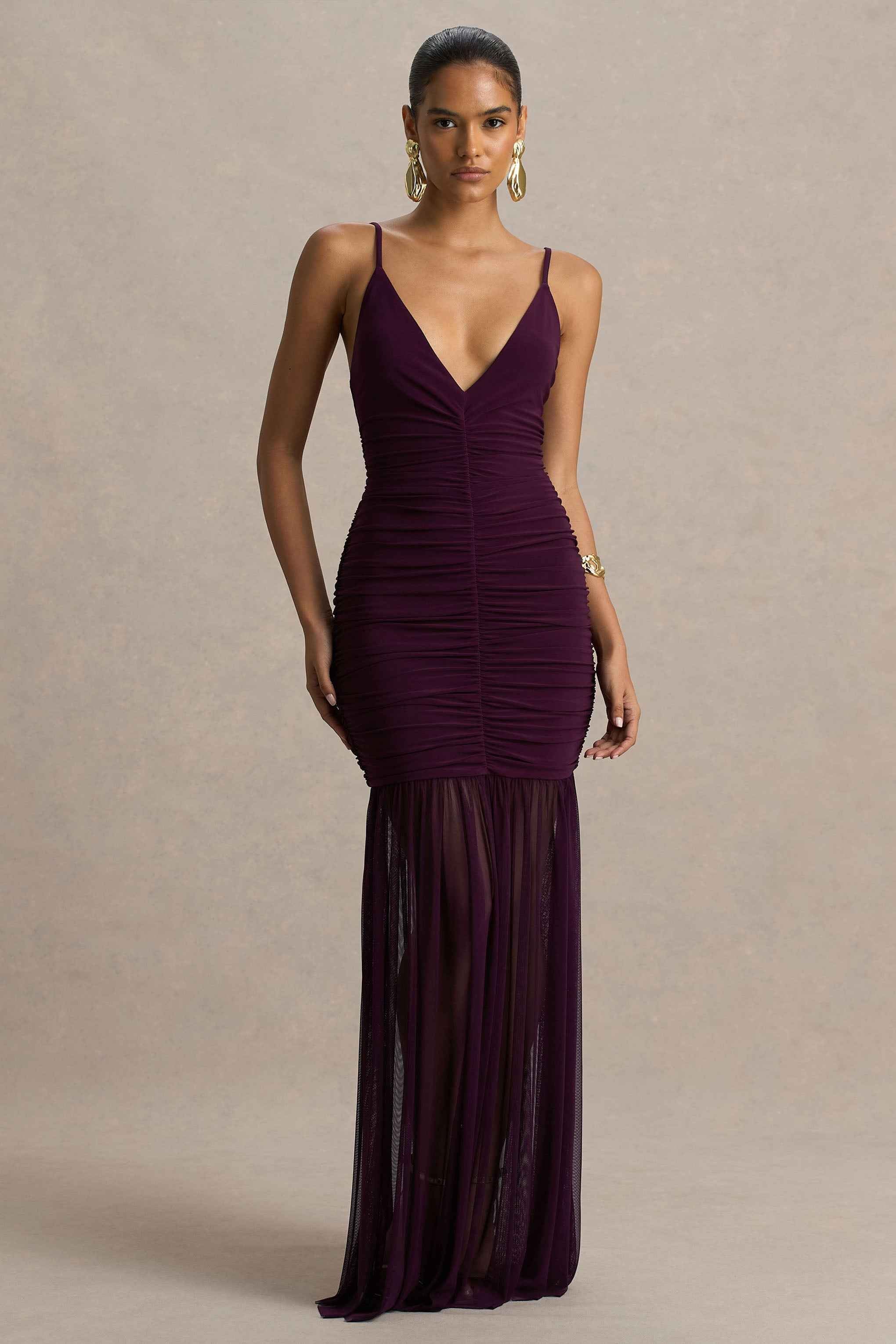 Pasqualina Maxi Dress - Plum Ruched Plunge Neck